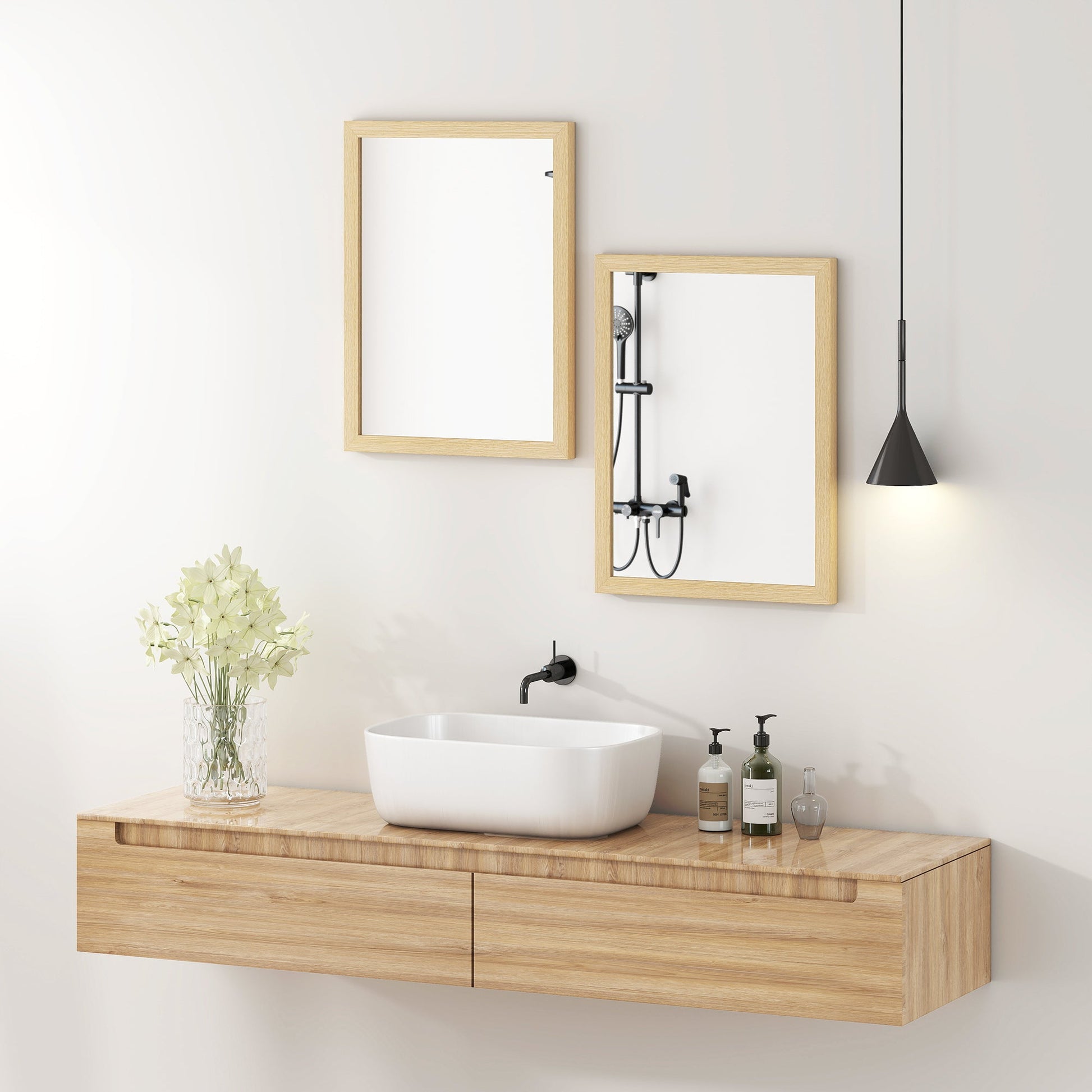 Decorative Rectangular Wall Mirror, 40W x 30H cm Wall-Mounted Bathroom Mirror for Living Room, Bedroom, Hallway, Set of 2, Natural Wood Finish