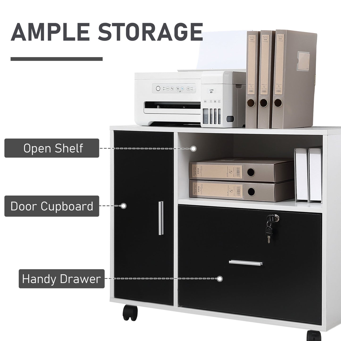 HOMCOM Filing Cabinet with Lockable Drawer, Mobile File Cabinet with 4 Wheels and Shelf, Printer Stand for Hanging A4 and Letter Sized Files, Home Office, Black and White