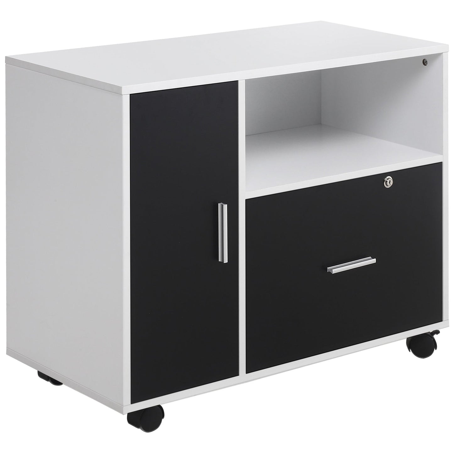 HOMCOM Filing Cabinet with Lockable Drawer, Mobile File Cabinet with 4 Wheels and Shelf, Printer Stand for Hanging A4 and Letter Sized Files, Home Office, Black and White