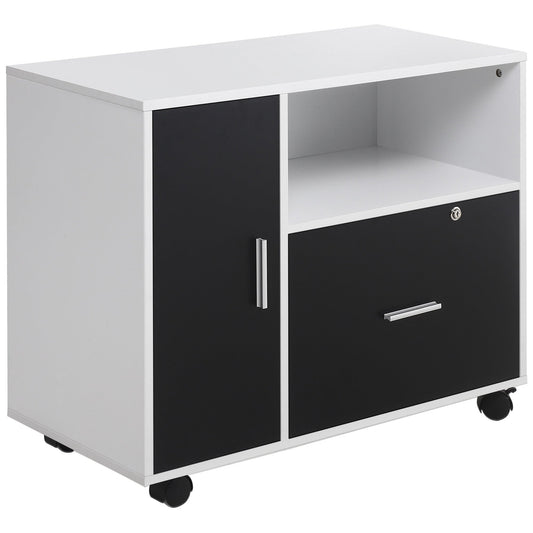 HOMCOM Filing Cabinet with Lockable Drawer, Mobile File Cabinet with 4 Wheels and Shelf, Printer Stand for Hanging A4 and Letter Sized Files, Home Office, Black and White