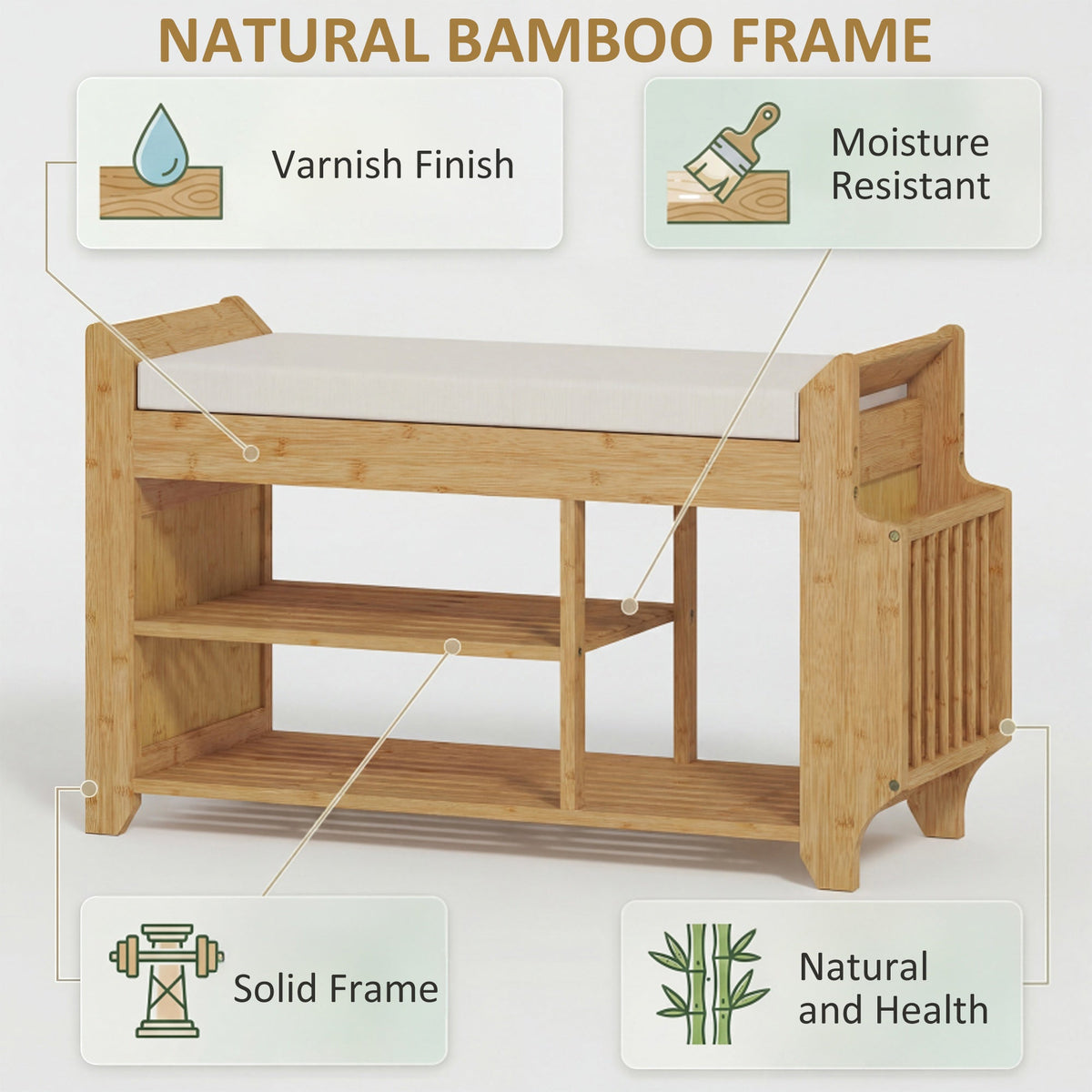 Shoe Bench with Cushioned Seat, Shoe Storage Bench with Side Holder and Boot Section, 2-Tier Natural Bamboo Entryway Rack for Hallway, Living Room, 100 x 30 x 50 cm, Natural and Cream