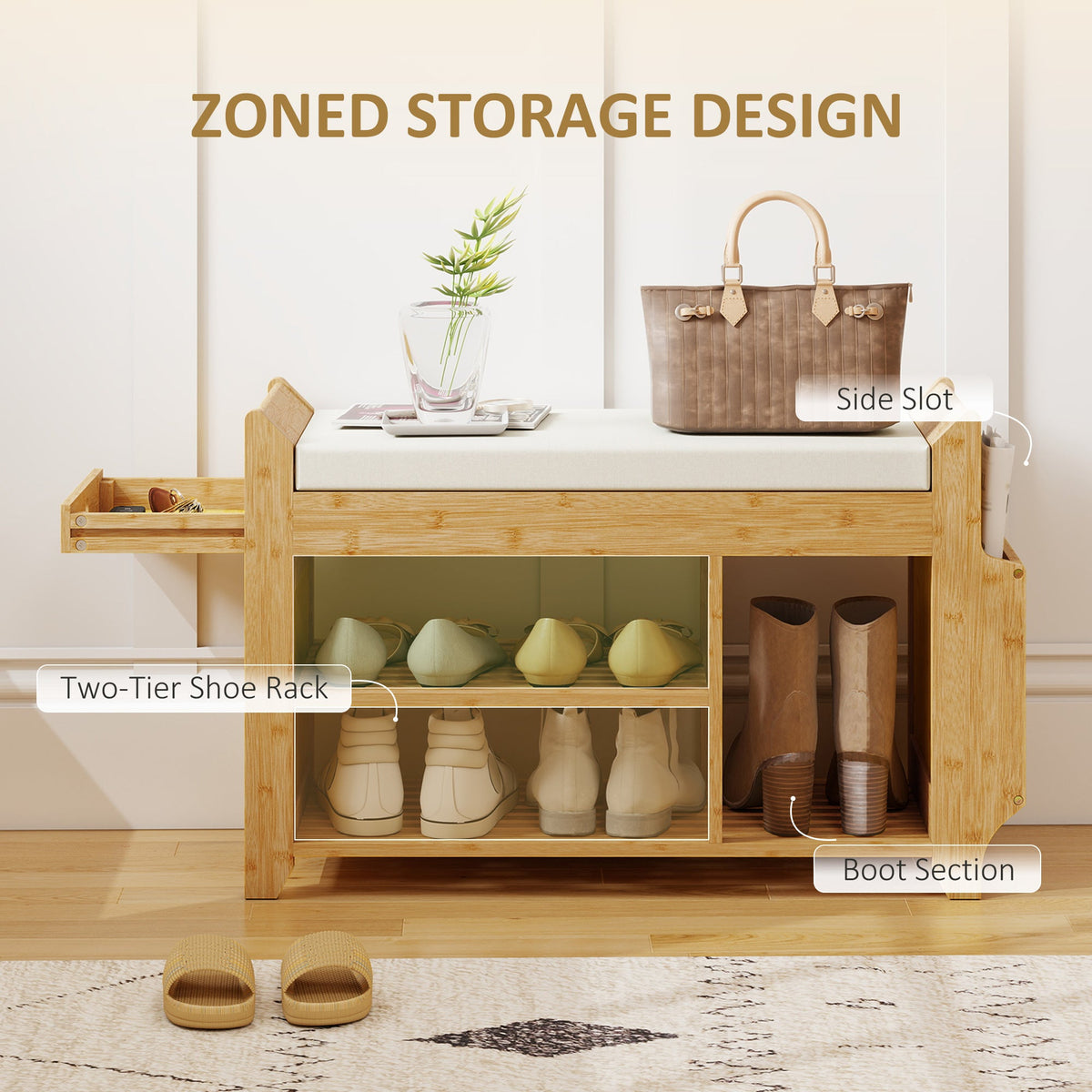 Shoe Bench with Cushioned Seat, Shoe Storage Bench with Side Holder and Boot Section, 2-Tier Natural Bamboo Entryway Rack for Hallway, Living Room, 100 x 30 x 50 cm, Natural and Cream