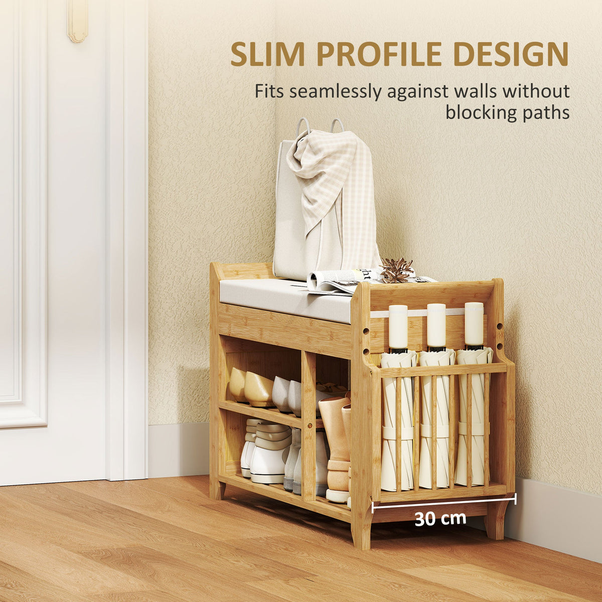 Shoe Bench with Cushioned Seat, Shoe Storage Bench with Side Holder and Boot Section, 2-Tier Natural Bamboo Entryway Rack for Hallway, Living Room, 100 x 30 x 50 cm, Natural and Cream