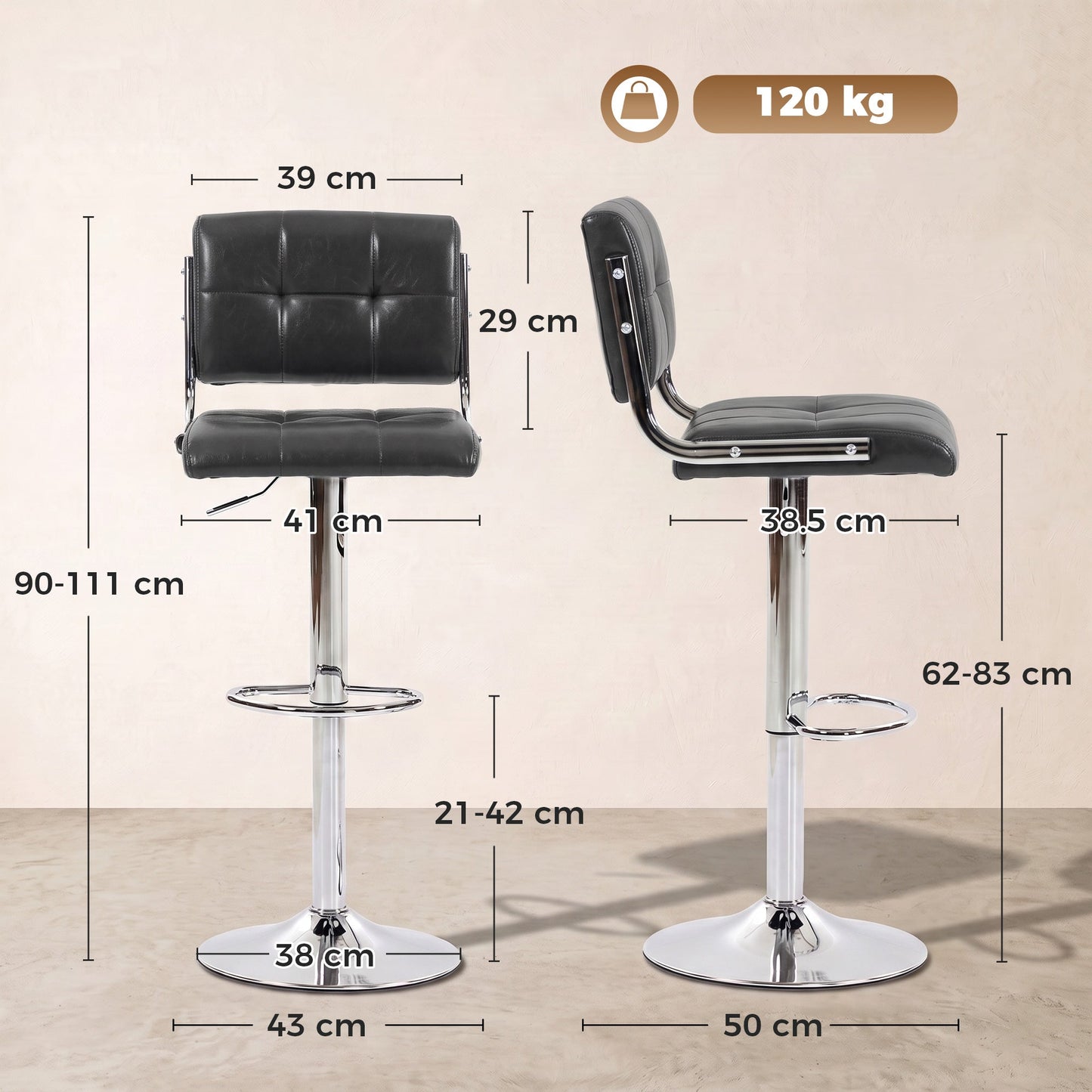 Breakfast Bar Stools Set of 2, Modern PU Leather Swivel BarStools, Adjustable Counter Height Bar Chairs with Backrest and Footrest for Kitchen Island, Dining Room, Bar, Grey