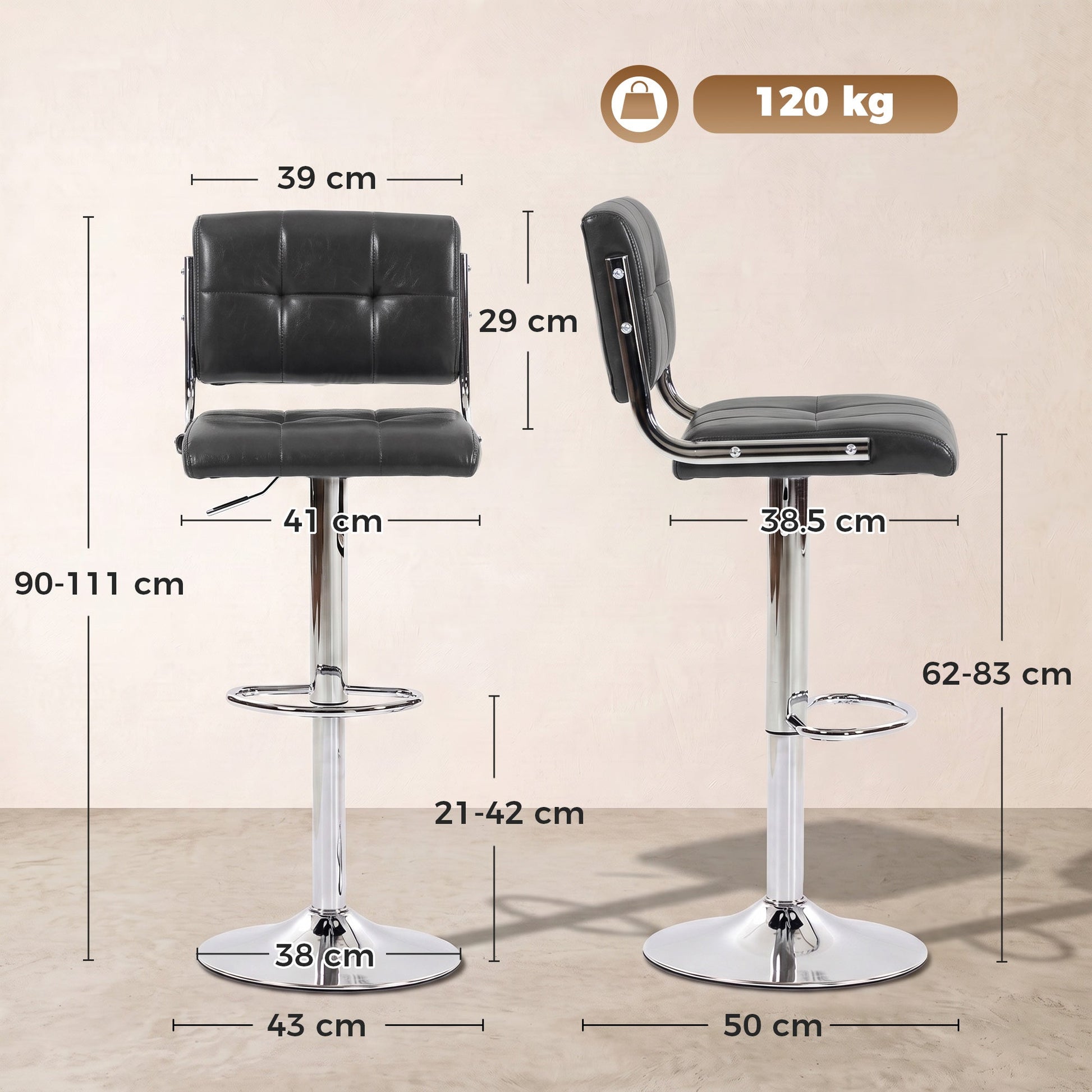 Breakfast Bar Stools Set of 2, Modern PU Leather Swivel BarStools, Adjustable Counter Height Bar Chairs with Backrest and Footrest for Kitchen Island, Dining Room, Bar, Grey
