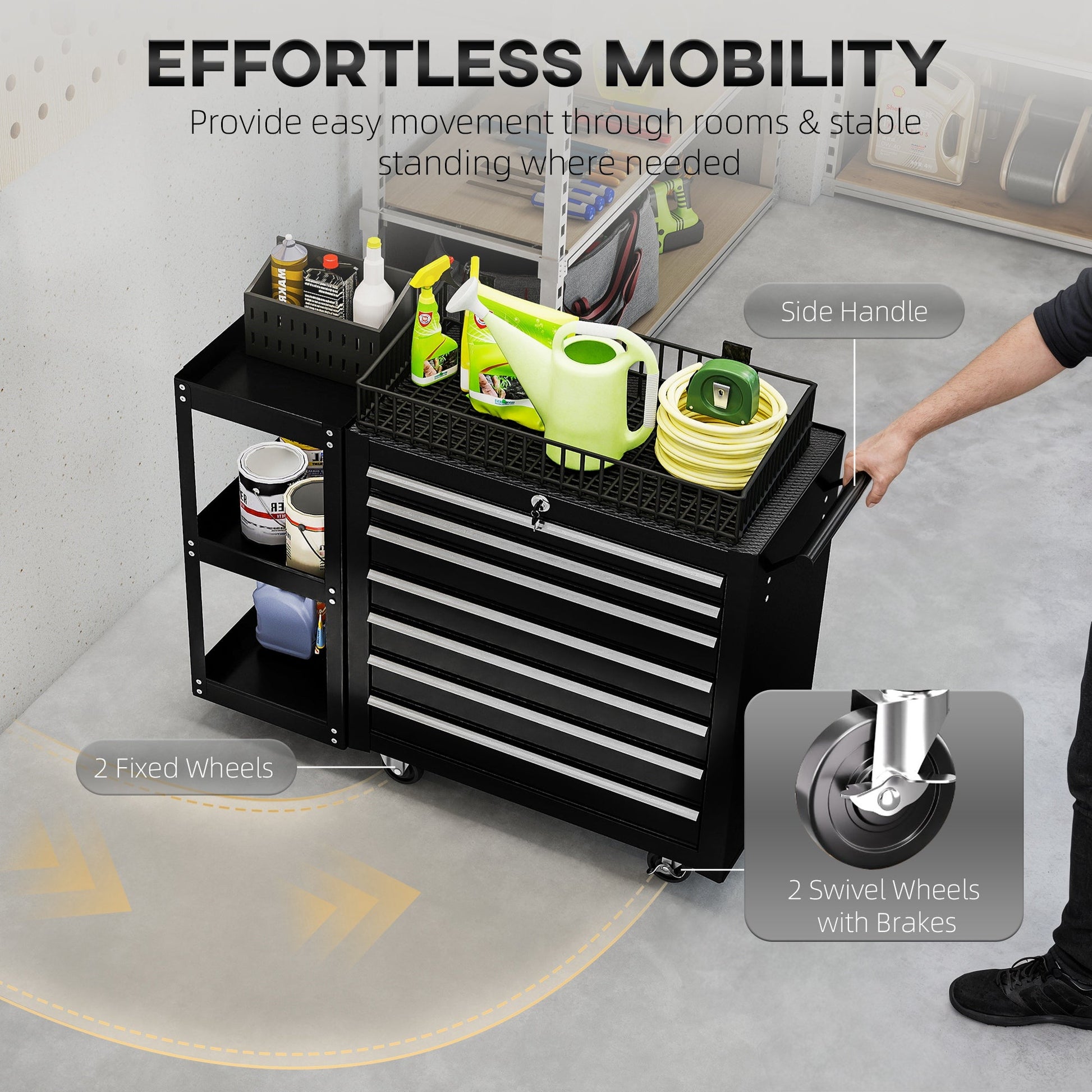 7 Drawer Tool Box, Lockable Steel Tool Chest on Wheels, Rolling Tool Cabinet with 7 Drawers and Handle for Workshop, Garage, Black