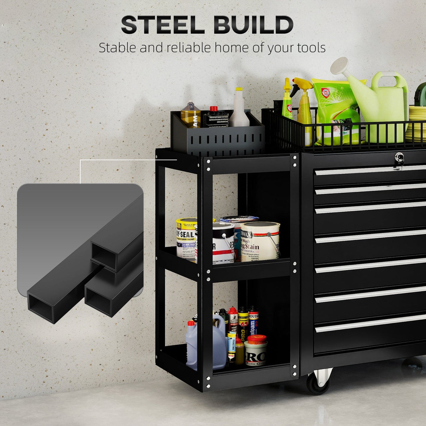 7 Drawer Tool Box, Lockable Steel Tool Chest on Wheels, Rolling Tool Cabinet with 7 Drawers and Handle for Workshop, Garage, Black