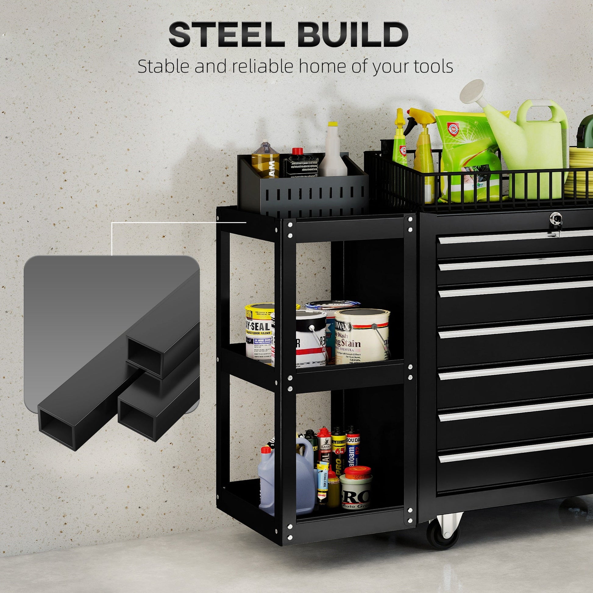7 Drawer Tool Box, Lockable Steel Tool Chest on Wheels, Rolling Tool Cabinet with 7 Drawers and Handle for Workshop, Garage, Black