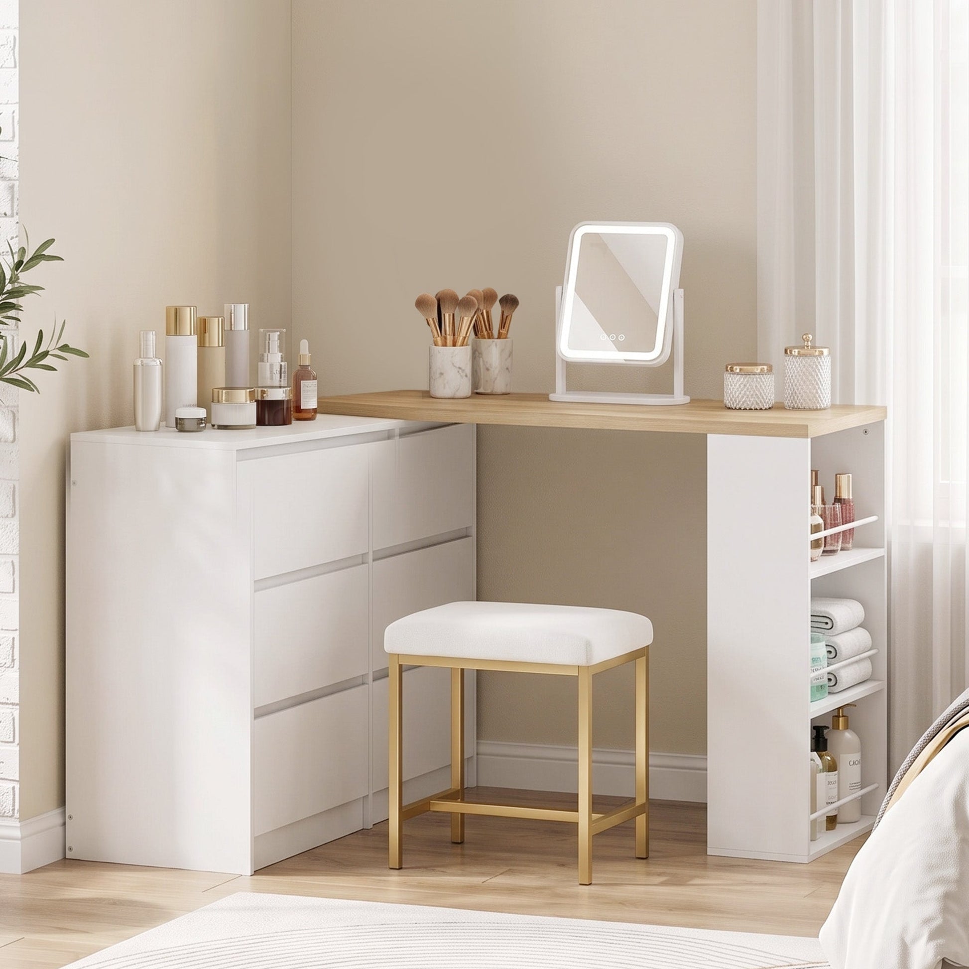 Dressing Table with 6 Drawers, 3-Tier Shelf, Straight or L-Shaped Layout, Makeup Desk for Bedroom, White