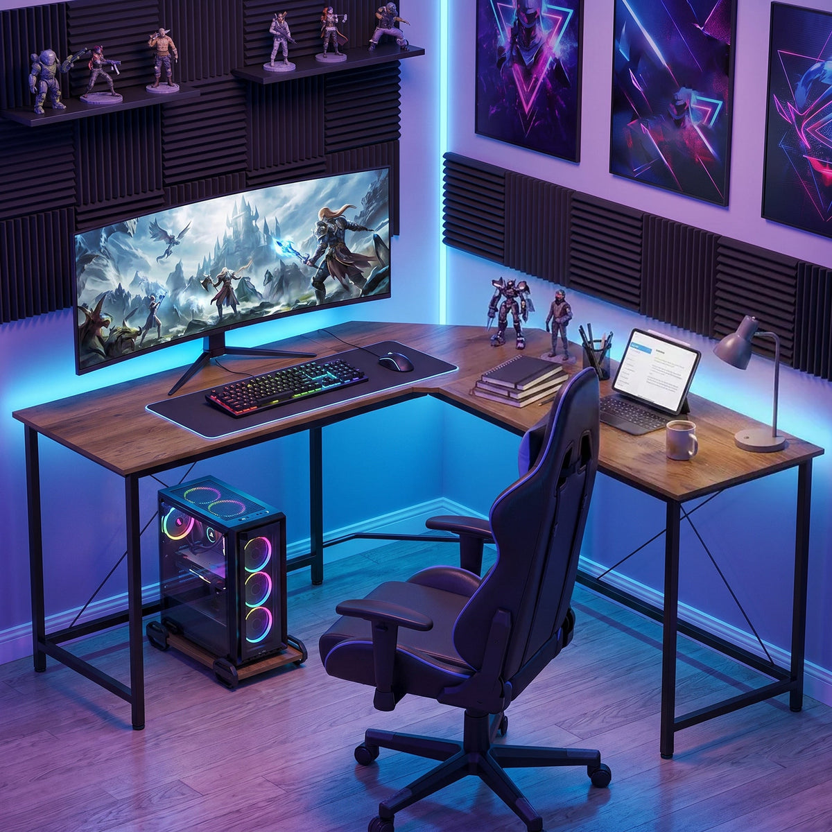 L-Shaped Desk, Gaming Desk, 150 x 150 x 75 cm, Corner Computer Desk for Study, Home Office, Bedroom, Grey Wood Effect