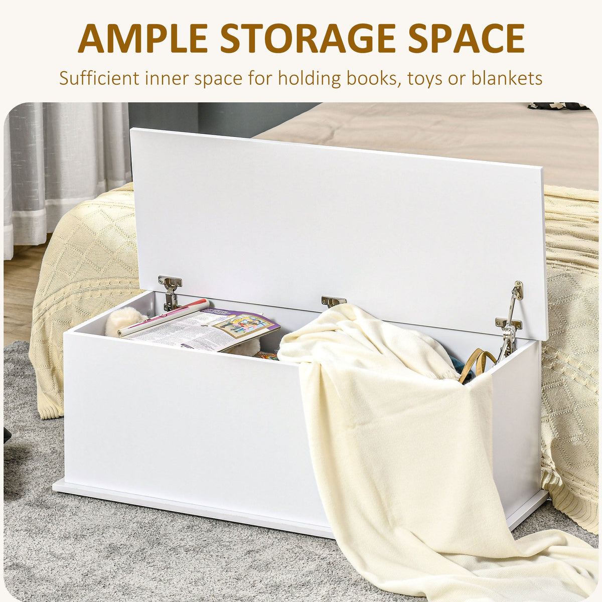 HOMCOM 113L Storage Chest, Storage Box with Flip-Top Lid and 2 Safety Hinges, Storage Trunk for Living Room, Entryway, 100 x 40 x 40 cm, White