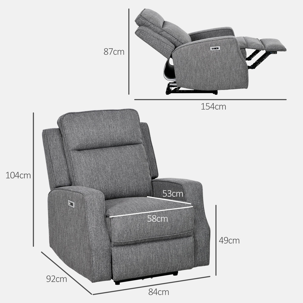 HOMCOM Electric Fabric Recliner Armchair, Reclining Chair with Adjustable Leg Rest, USB Port, for Limited Space Home Living Room, Charcoal Grey