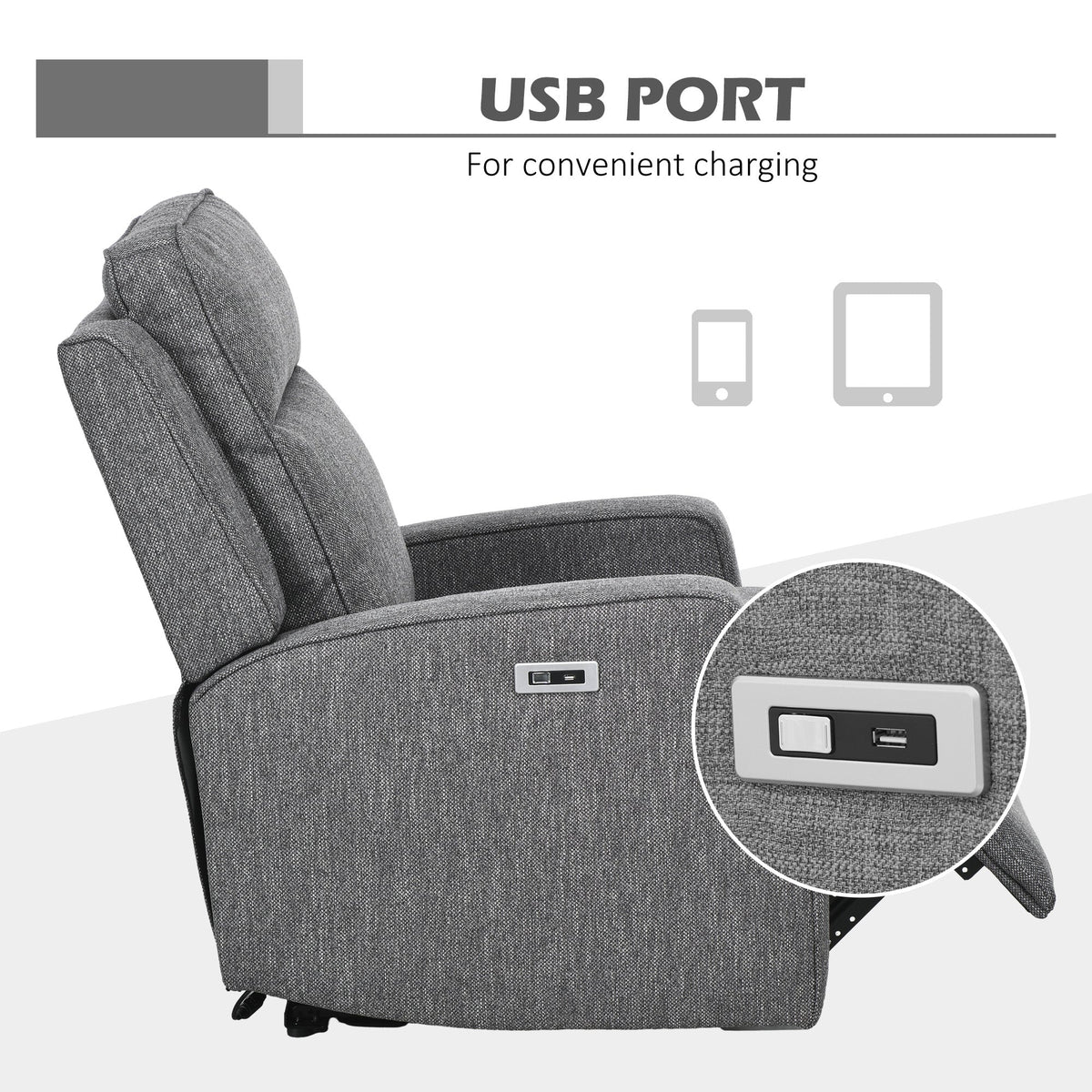 HOMCOM Electric Fabric Recliner Armchair, Reclining Chair with Adjustable Leg Rest, USB Port, for Limited Space Home Living Room, Charcoal Grey