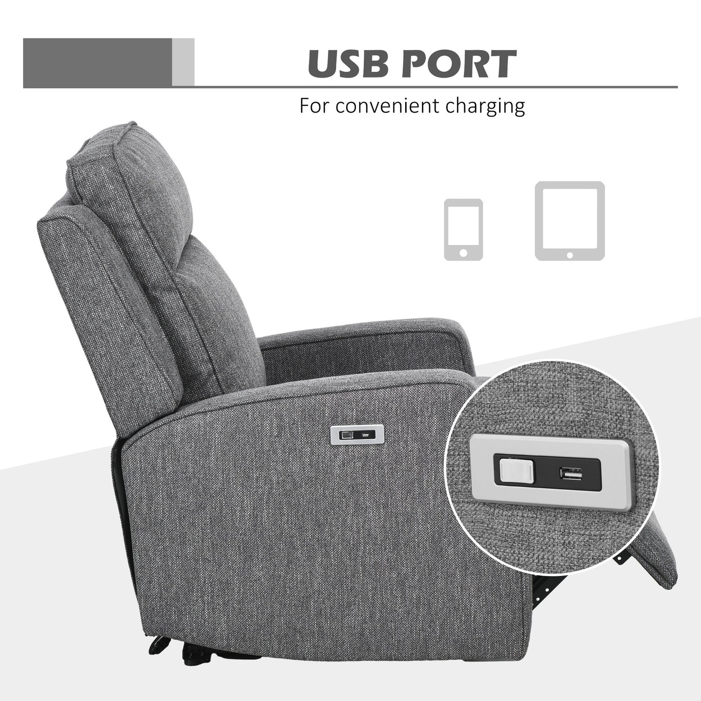 HOMCOM Electric Fabric Recliner Armchair, Reclining Chair with Adjustable Leg Rest, USB Port, for Limited Space Home Living Room, Charcoal Grey