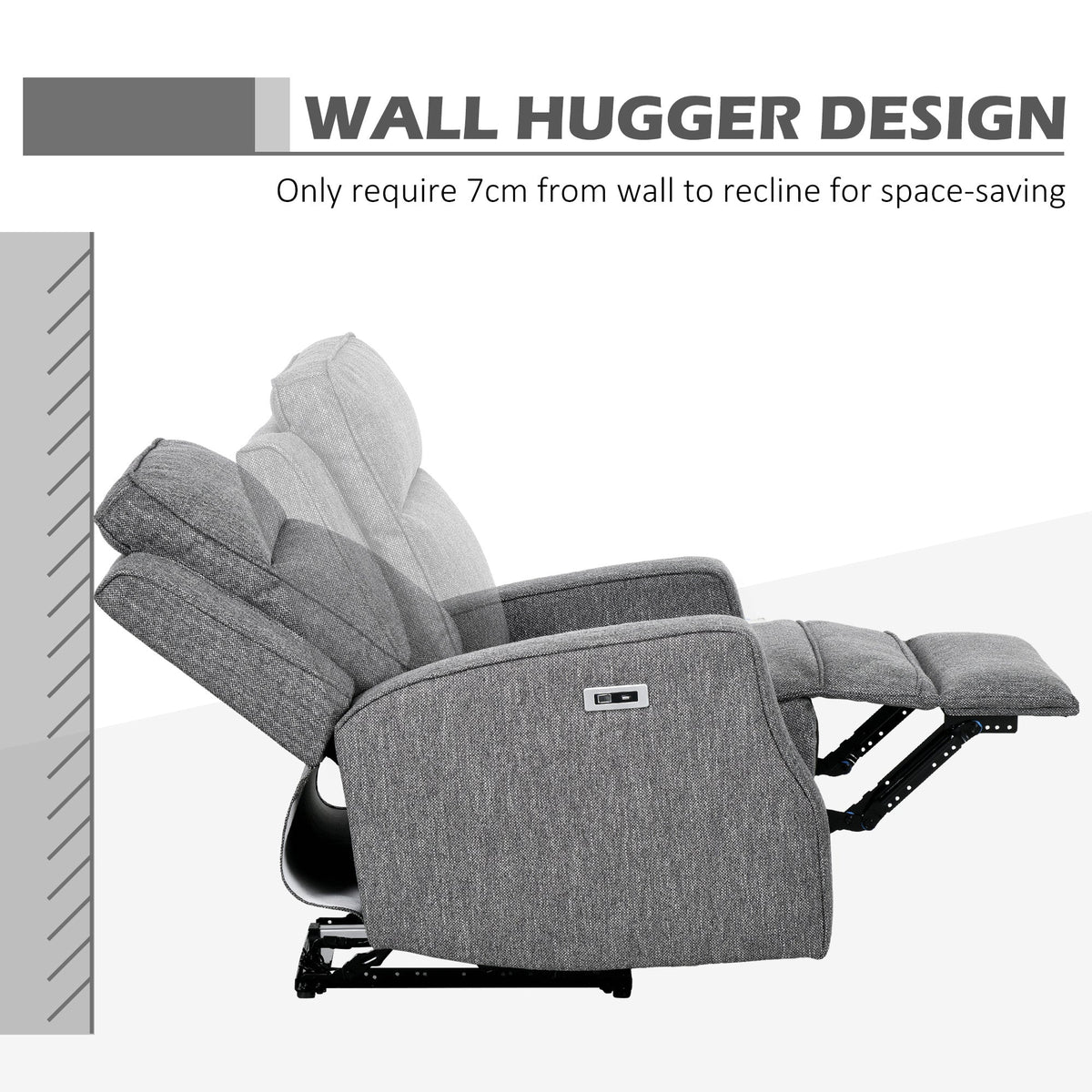 HOMCOM Electric Fabric Recliner Armchair, Reclining Chair with Adjustable Leg Rest, USB Port, for Limited Space Home Living Room, Charcoal Grey