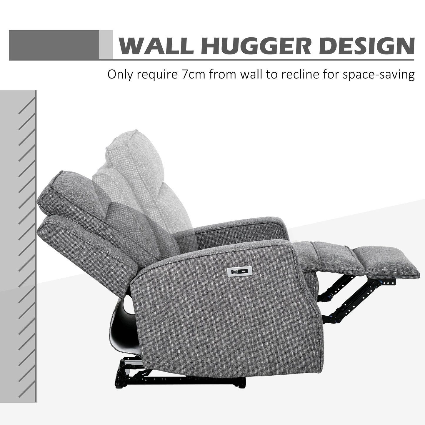 HOMCOM Electric Fabric Recliner Armchair, Reclining Chair with Adjustable Leg Rest, USB Port, for Limited Space Home Living Room, Charcoal Grey