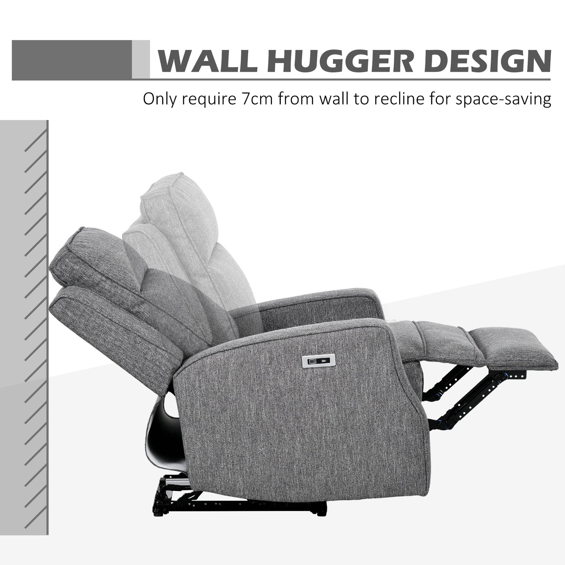 HOMCOM Electric Fabric Recliner Armchair, Reclining Chair with Adjustable Leg Rest, USB Port, for Limited Space Home Living Room, Charcoal Grey