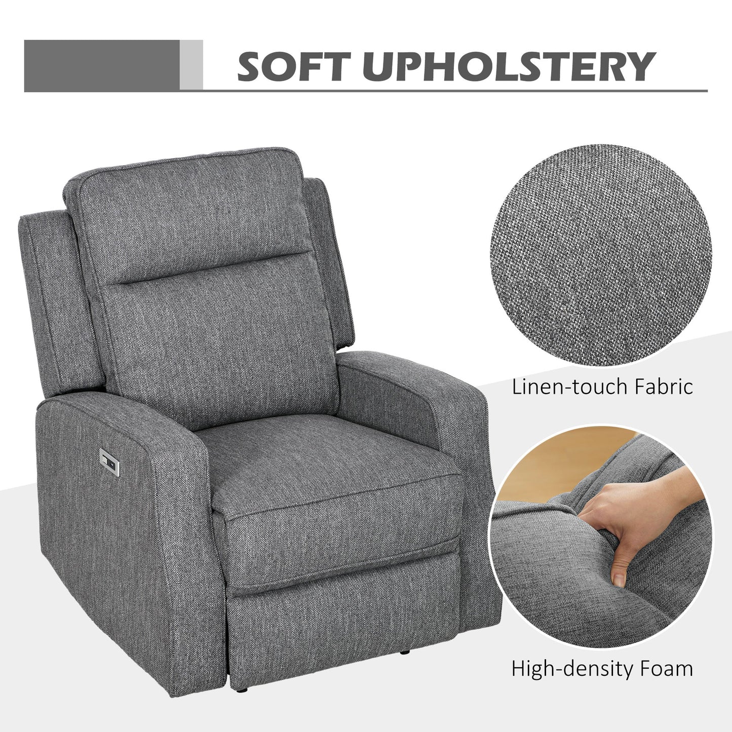 HOMCOM Electric Fabric Recliner Armchair, Reclining Chair with Adjustable Leg Rest, USB Port, for Limited Space Home Living Room, Charcoal Grey