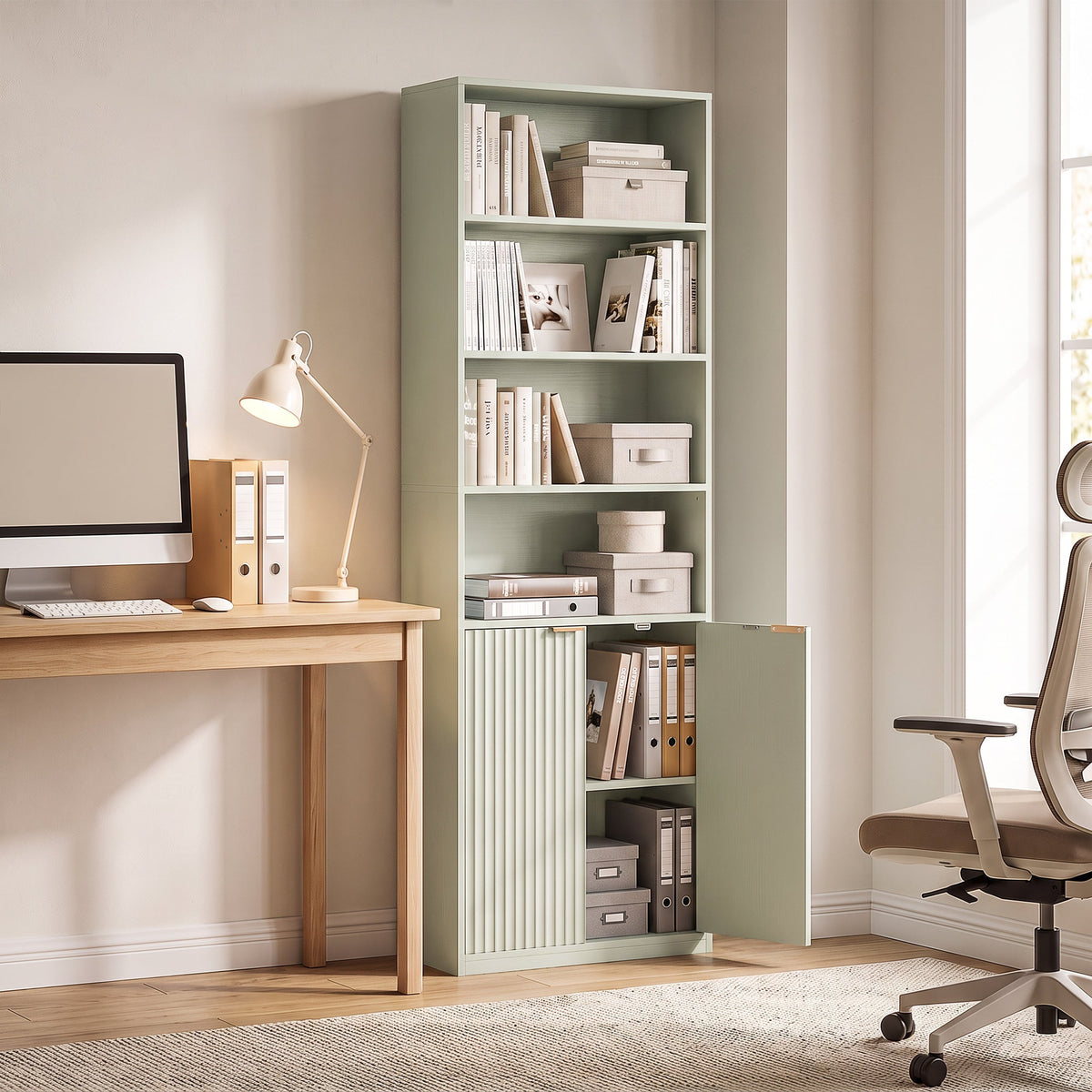 Slim Bookcase, 6-Tier Tall Bookshelf, Freestanding Shelving Unit with Cabinet, Adjustable Shelf, 60 x 24 x 182 cm for Living Room, Study, Home Office, Light Green