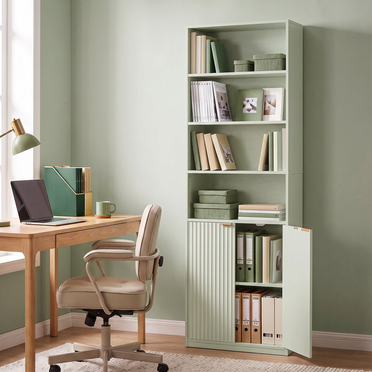 Slim Bookcase, 6-Tier Tall Bookshelf, Freestanding Shelving Unit with Cabinet, Adjustable Shelf, 60 x 24 x 182 cm for Living Room, Study, Home Office, Light Green