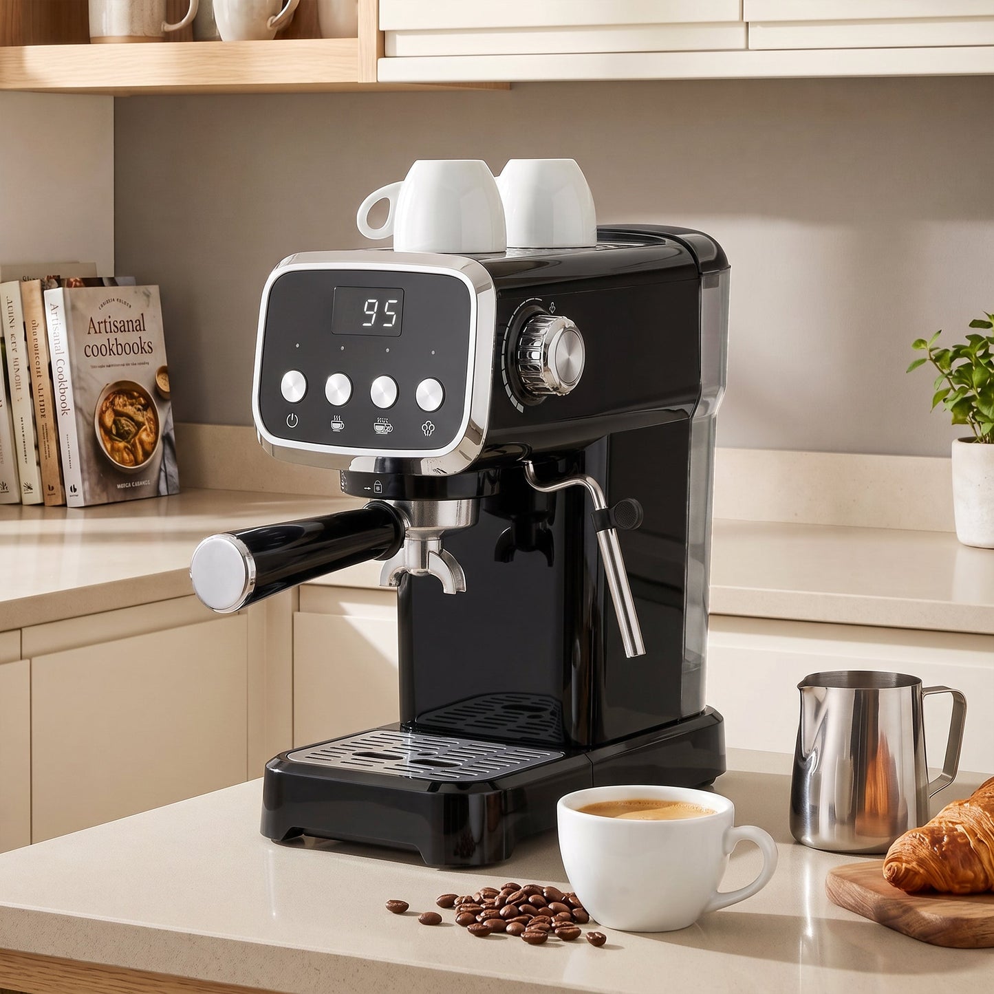 Espresso Machine with Milk Frother Wand, 1350W Semi Automatic 20 Bar Coffee Machine with 1.2L Water Tank, Latte and Cappuccino Maker with Single/Double Shot, Hot Water, Cup Warming, Black