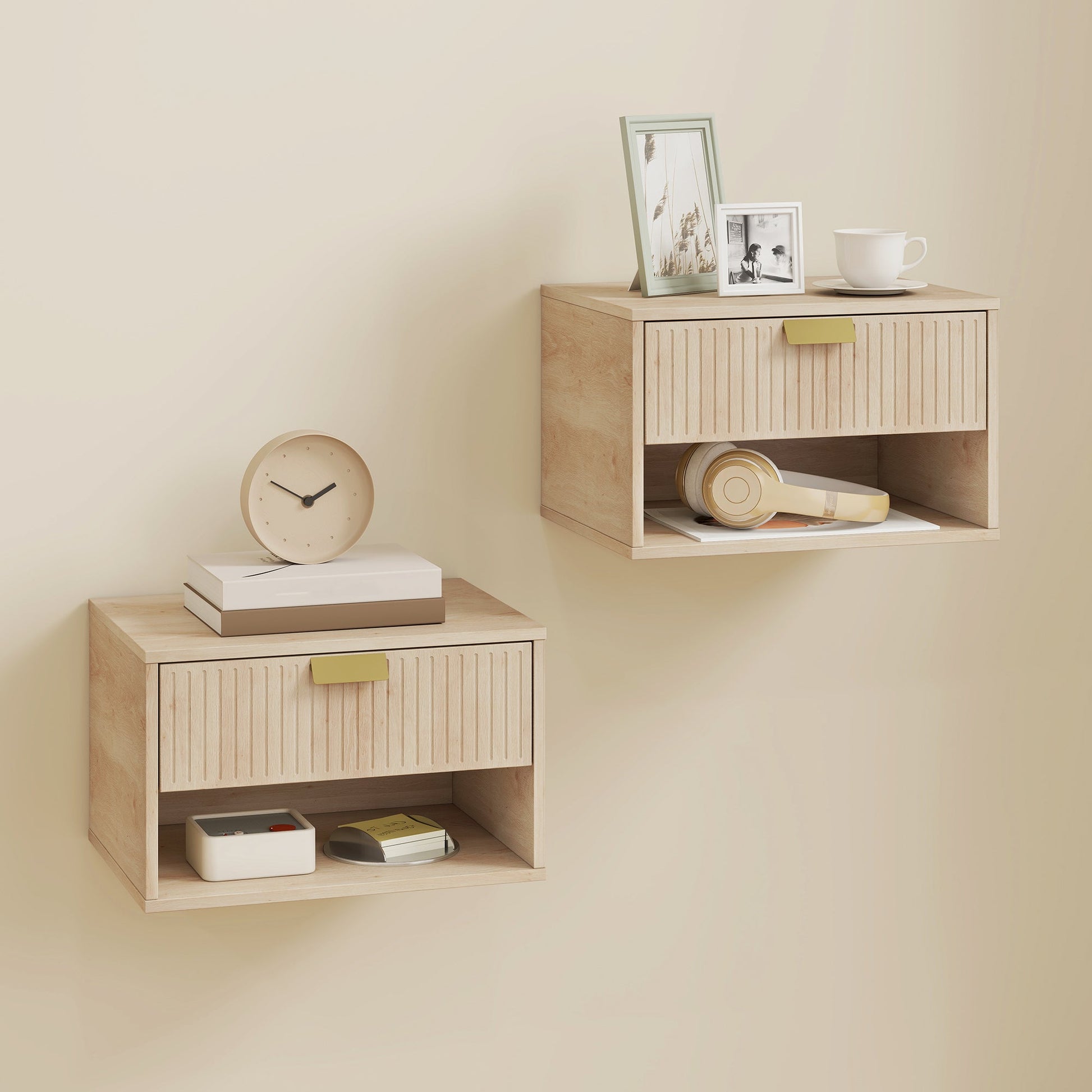 Floating Bedside Tables Set of 2, Wall Mounted Nightstands with Fluted Drawer and Open Shelf for Small Bedroom, Modern Bedside Table, 40 x 30 x 25 cm, Oak