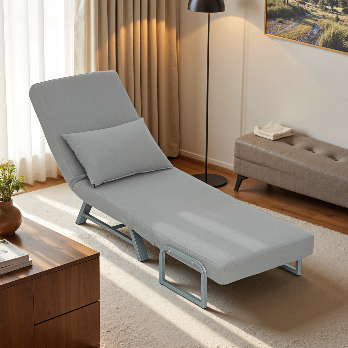 Single Sofa Bed, 3-in-1 Convertible Folding Chair Bed with Adjustable Backrest, Removable Armrests, Steel Legs, Linen Sleeper Chair for Living Room, Bedroom, Small Space, Light Grey