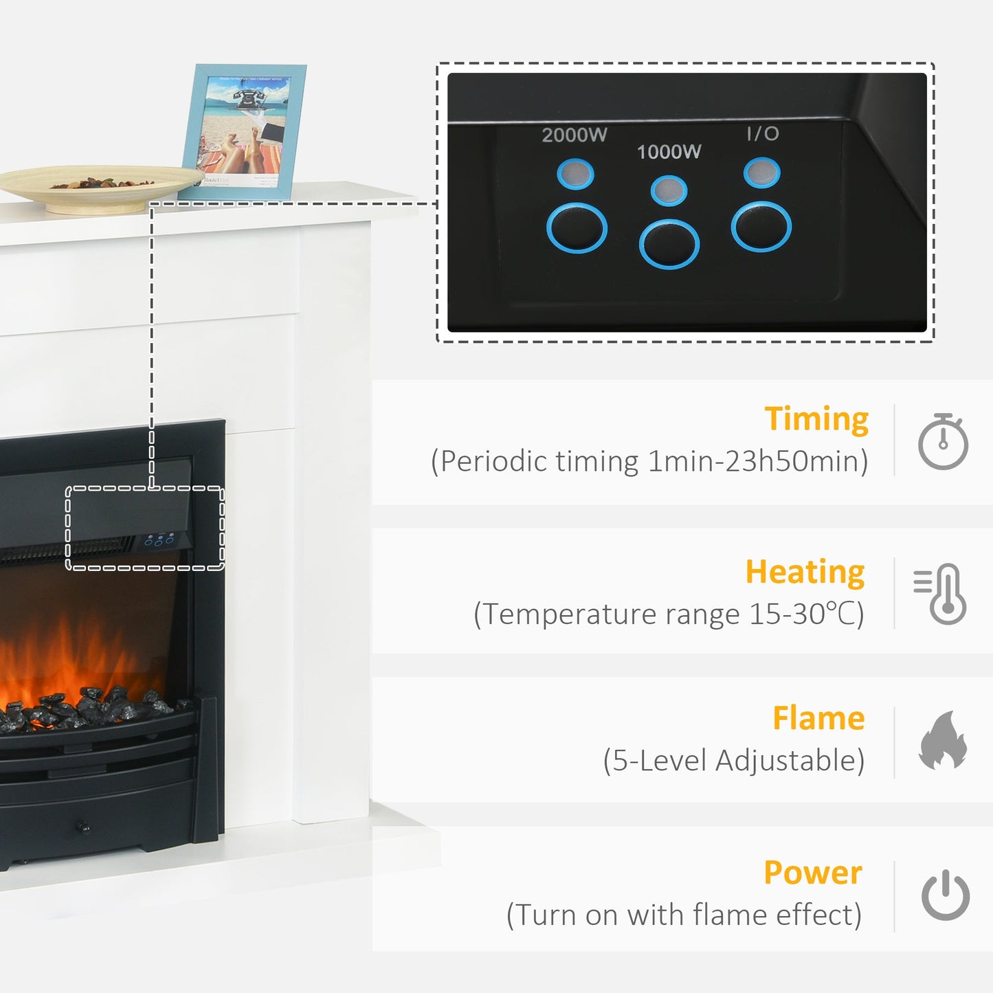 Electric Firplace Suites & Mantelpiece w/LED Flames Remote Marble Stone Modern Curved Surround Intelligent Safe Tempered Glass Adjustable Thermal 1000W/2000W