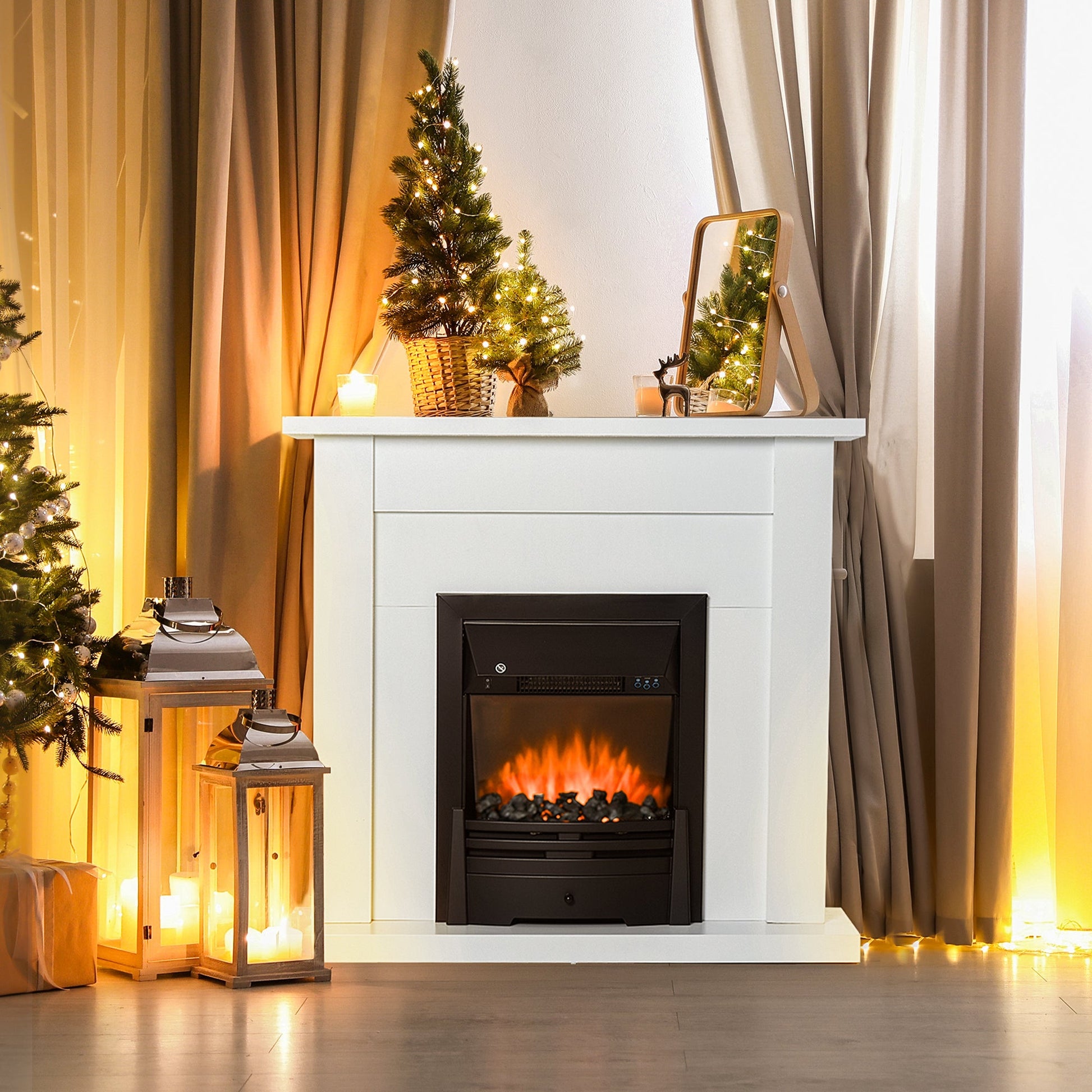 Electric Firplace Suites & Mantelpiece w/LED Flames Remote Marble Stone Modern Curved Surround Intelligent Safe Tempered Glass Adjustable Thermal 1000W/2000W