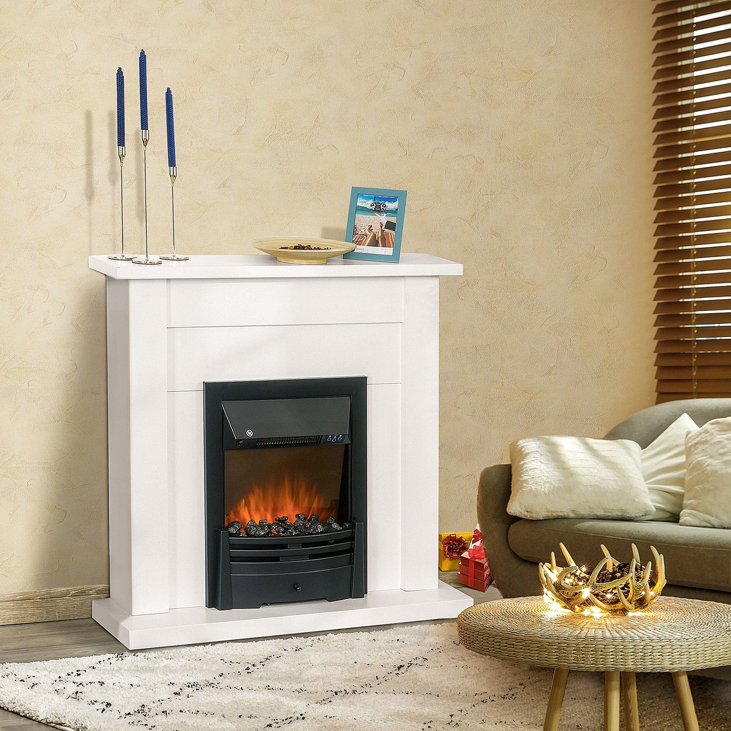 Electric Firplace Suites & Mantelpiece w/LED Flames Remote Marble Stone Modern Curved Surround Intelligent Safe Tempered Glass Adjustable Thermal 1000W/2000W
