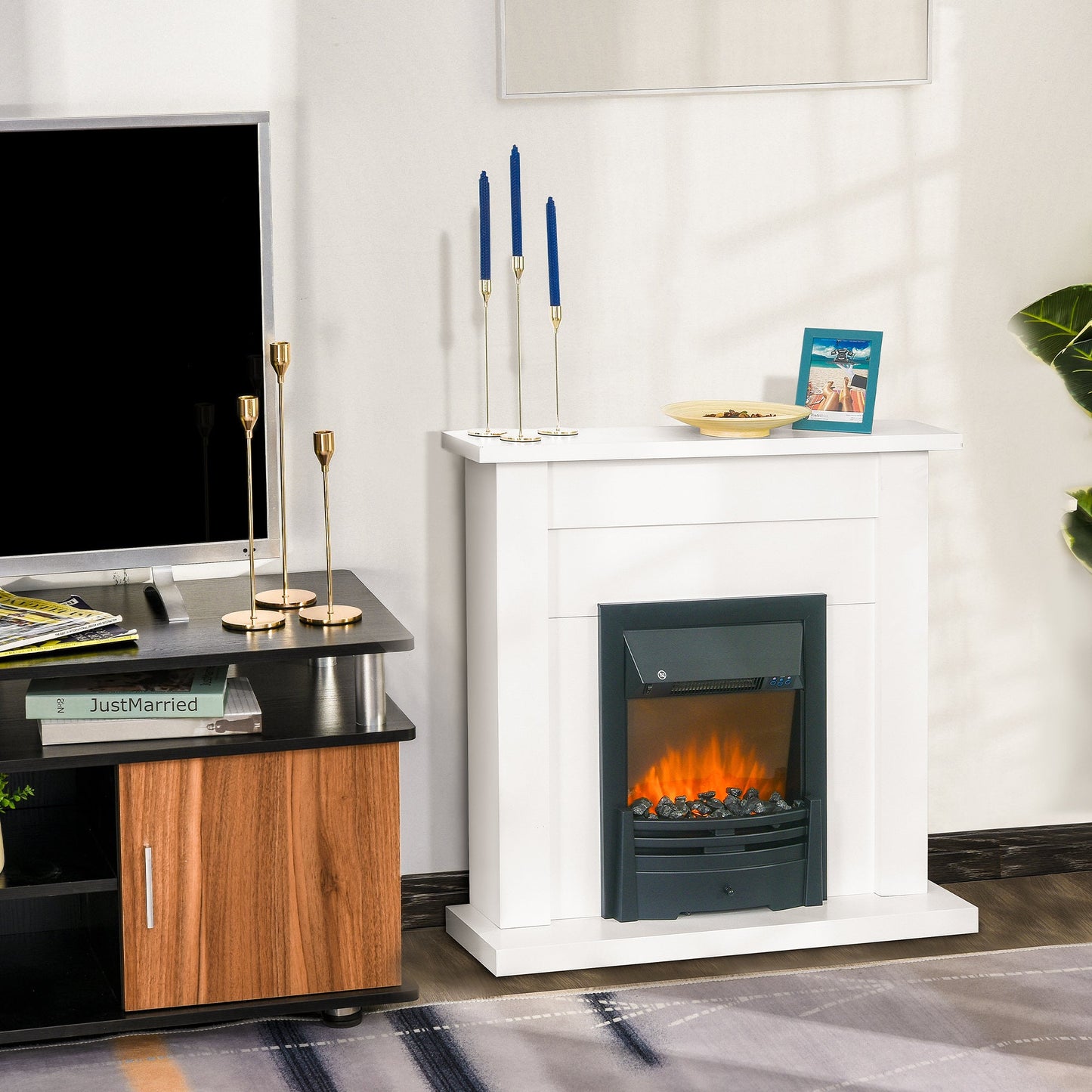 Electric Firplace Suites & Mantelpiece w/LED Flames Remote Marble Stone Modern Curved Surround Intelligent Safe Tempered Glass Adjustable Thermal 1000W/2000W