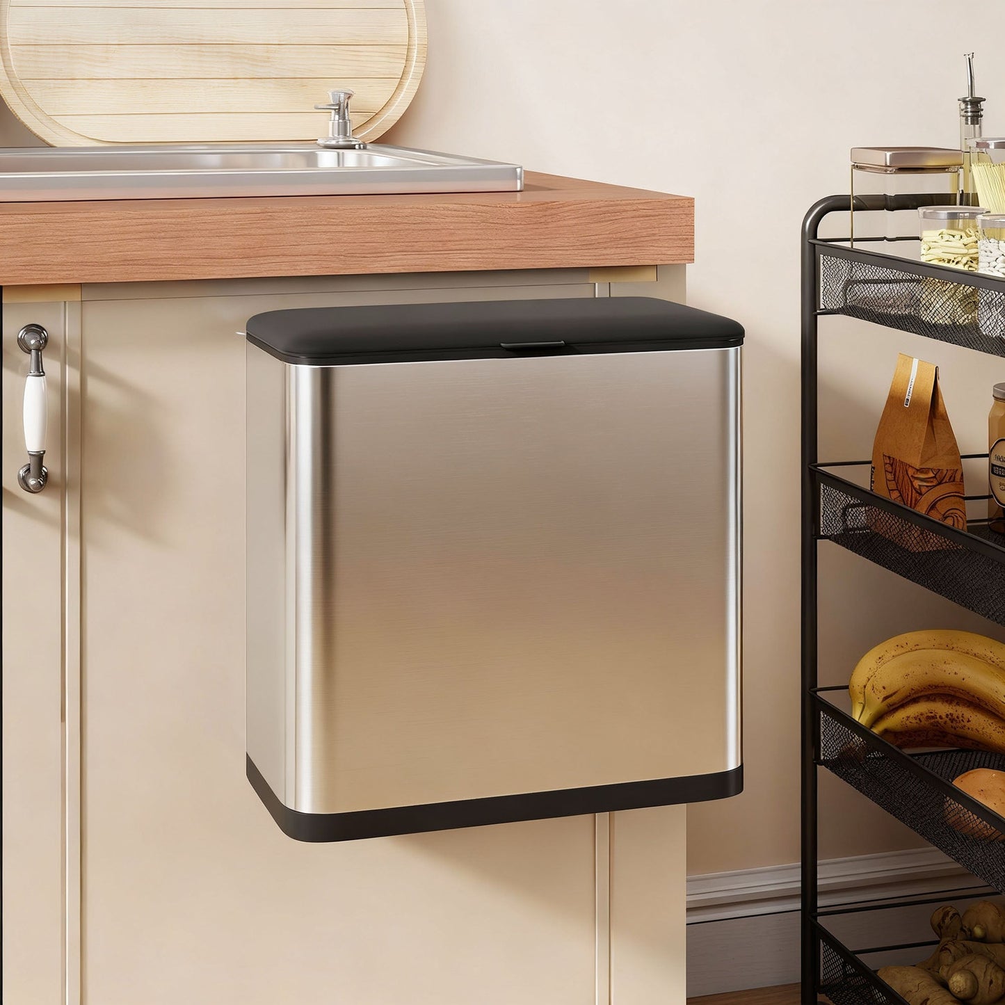 8L Hanging Kitchen Bin, Stainless Steel Rubbish bin with Press-to-Open and Stay-Open Lid, Removable Inner Bucket for Kitchen Cabinet Door, Under Sink, Bedroom, Office, Silver Tone