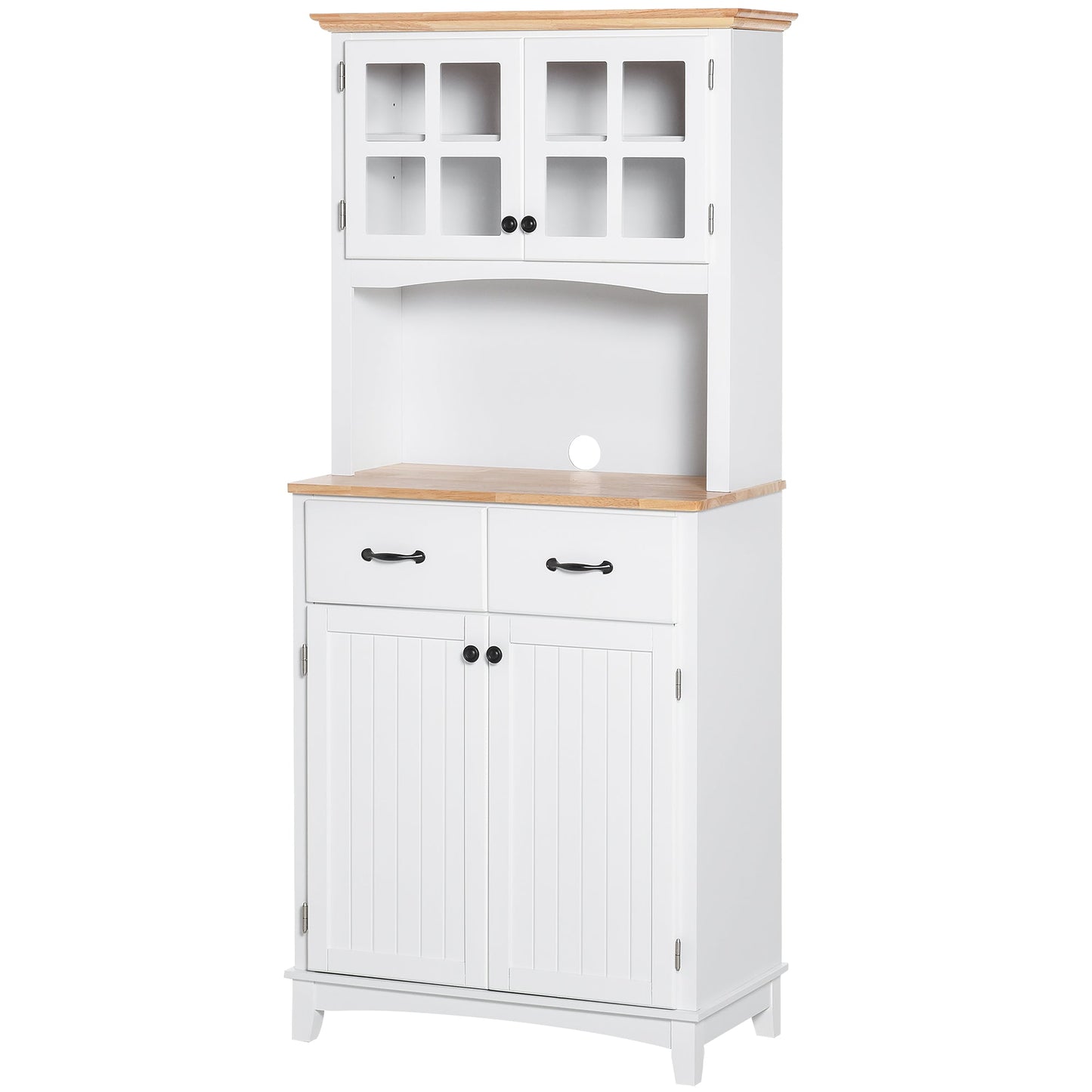 Freestanding Kitchen Cupboard, Kitchen Storage Cabinet with Framed Glass Doors, 2 Drawers, Microwave Counter, 172cm, White