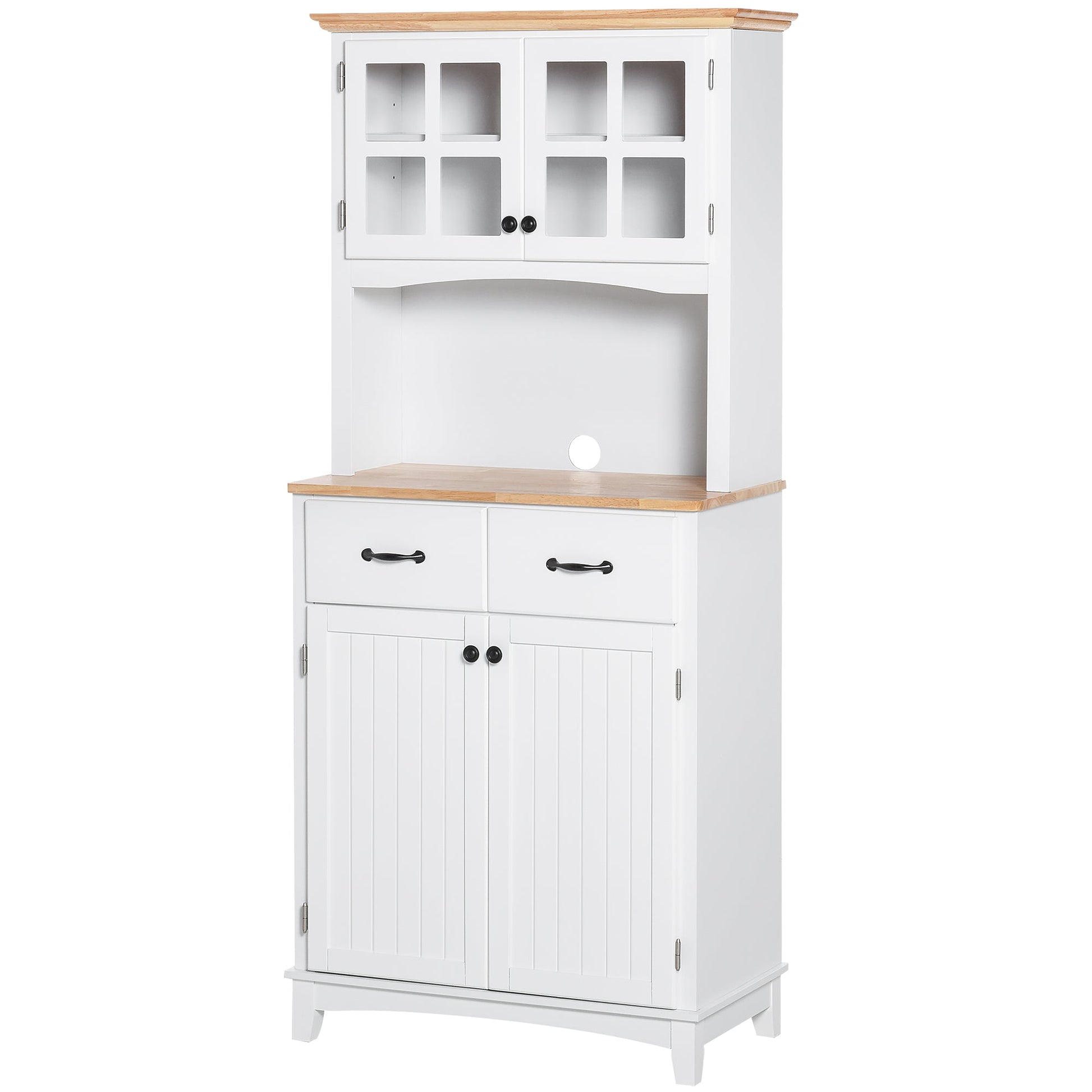Freestanding Kitchen Cupboard, Kitchen Storage Cabinet with Framed Glass Doors, 2 Drawers, Microwave Counter, 172cm, White