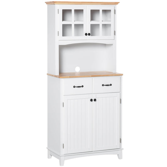 Freestanding Kitchen Cupboard, Kitchen Storage Cabinet with Framed Glass Doors, 2 Drawers, Microwave Counter, 172cm, White