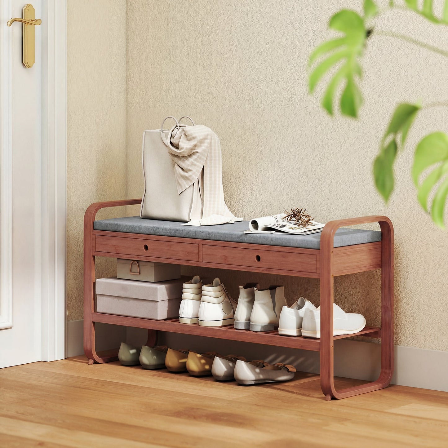 Shoe Bench with 2 Drawers, Shoe Storage Bench with Cushioned Seat, Storage Shelf and Bamboo Frame, 130 kg Weight Capacity, 105 x 33.2 x 55 cm, Dark Brown and Grey