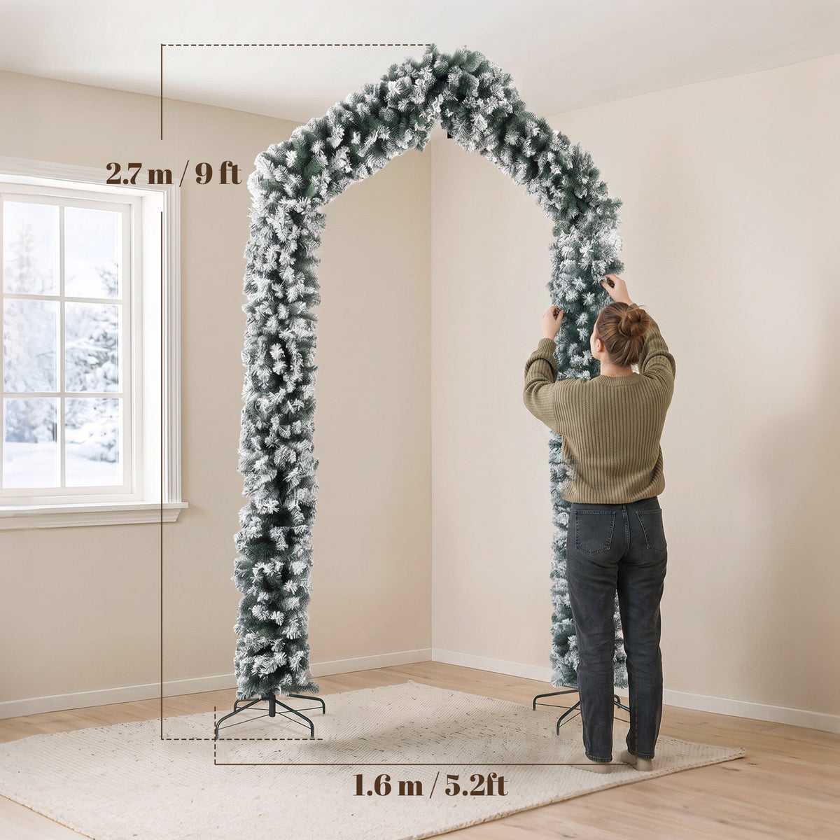 9ft Flocked Snow Christmas Tree Arch, Christmas Arch Doorway Decor with 1400 Branch Tips and Steel Stand, for Indoor Entryway Home Decor, Green