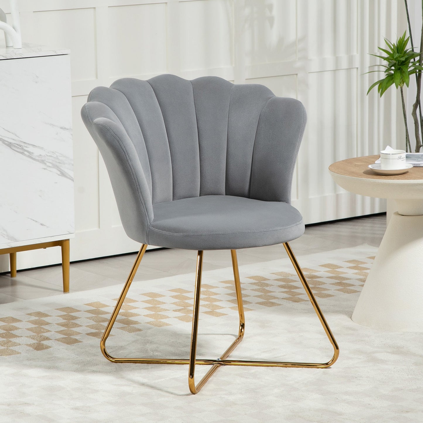 HOMCOM Modern Armchair, Velvet Tufted Accent Chair with Lotus Backrest, Occasional Chair with Steel Legs for Living Room, Bedroom, Grey