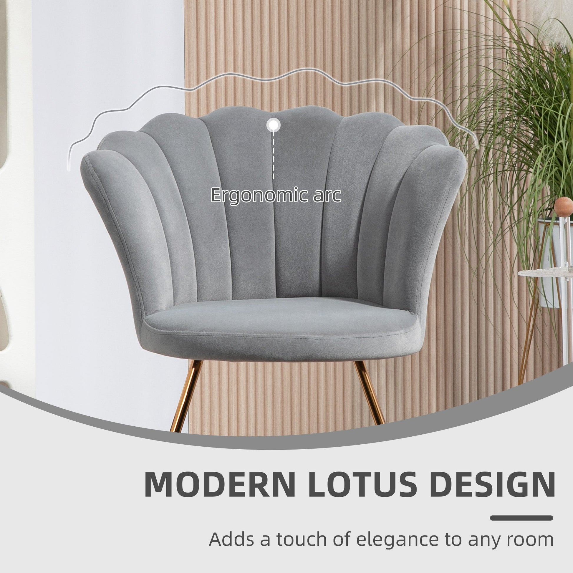 HOMCOM Modern Armchair, Velvet Tufted Accent Chair with Lotus Backrest, Occasional Chair with Steel Legs for Living Room, Bedroom, Grey
