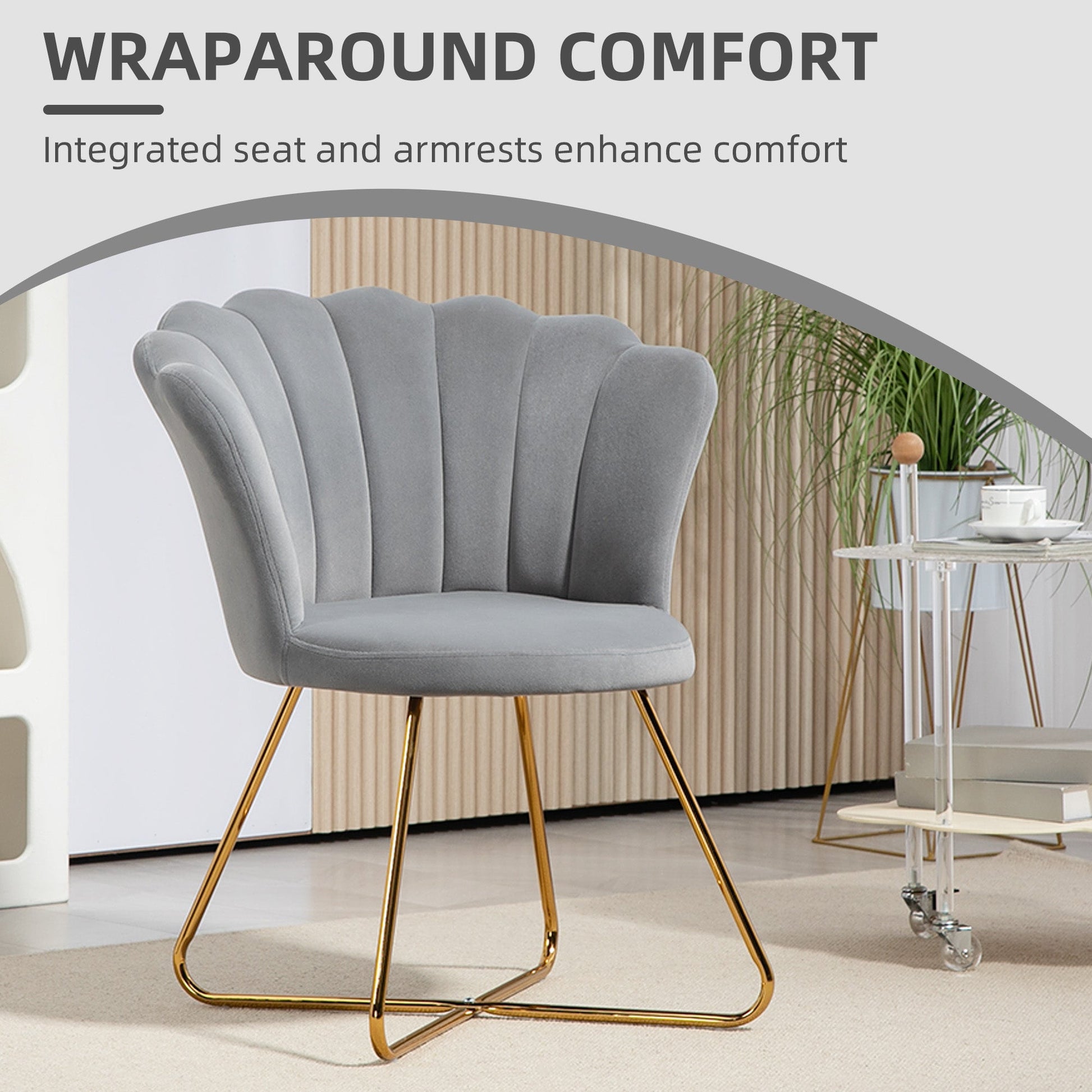 HOMCOM Modern Armchair, Velvet Tufted Accent Chair with Lotus Backrest, Occasional Chair with Steel Legs for Living Room, Bedroom, Grey
