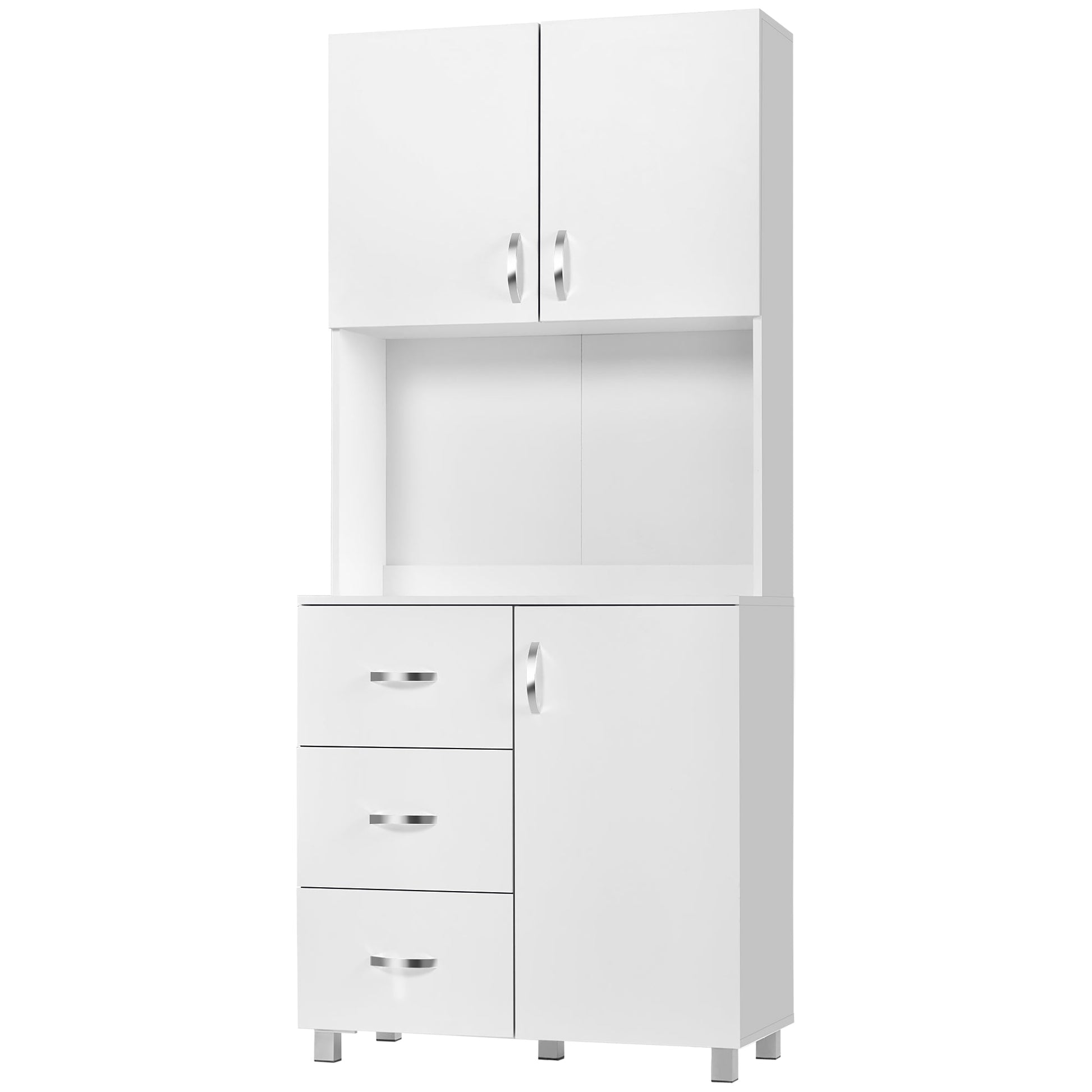 183.5cm Free standing Kitchen Cupboard, Storage Cabinet with Doors and Sheleves, 3 drawers and Open Space, Adjustable Height Storage Unit, White