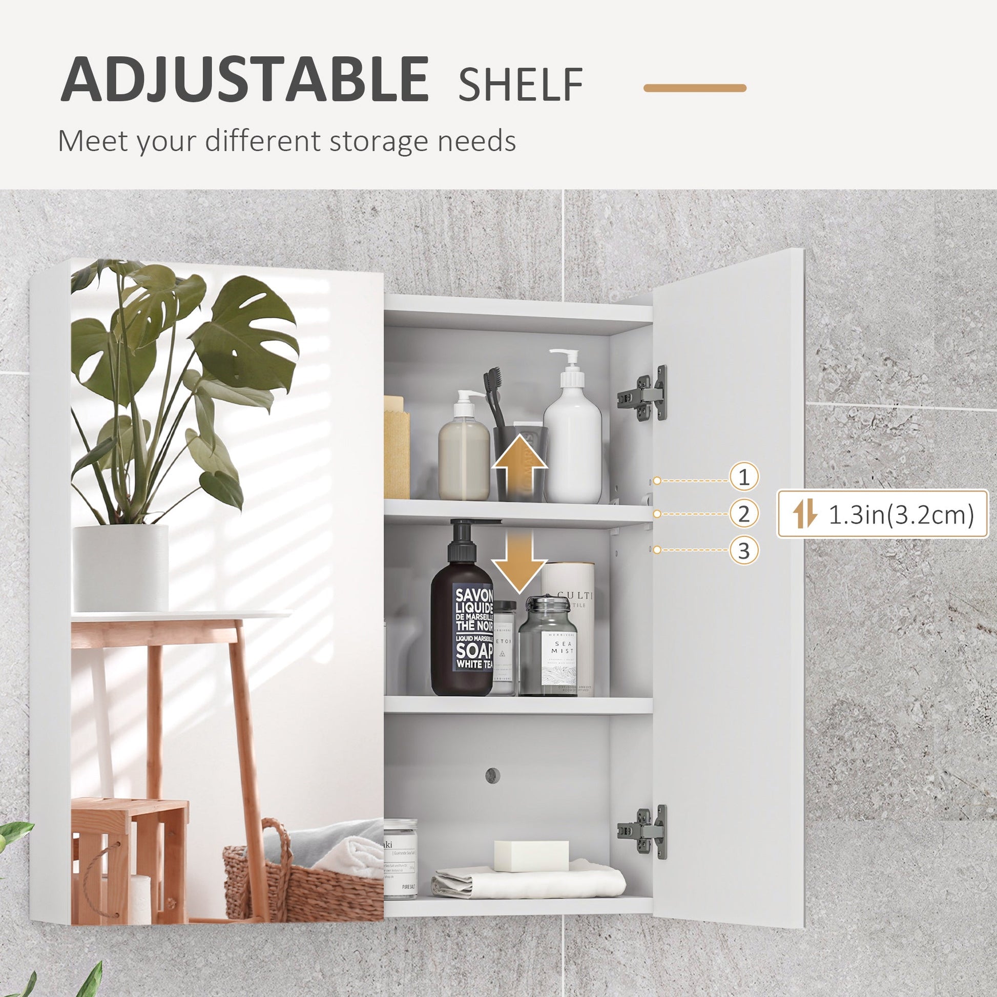 kleankin Bathroom Mirror Cabinet, Wall Mounted Bathroom Storage Cupboard with Adjustable Shelf, 60W x 15D x 60Hcm, High Gloss White