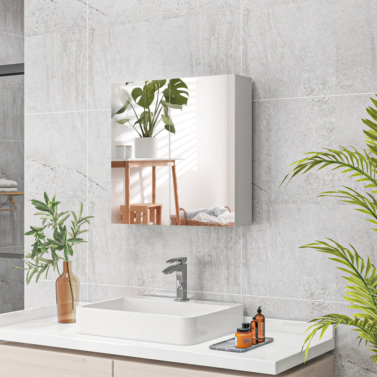 kleankin Bathroom Mirror Cabinet, Wall Mounted Bathroom Storage Cupboard with Adjustable Shelf, 60W x 15D x 60Hcm, High Gloss White