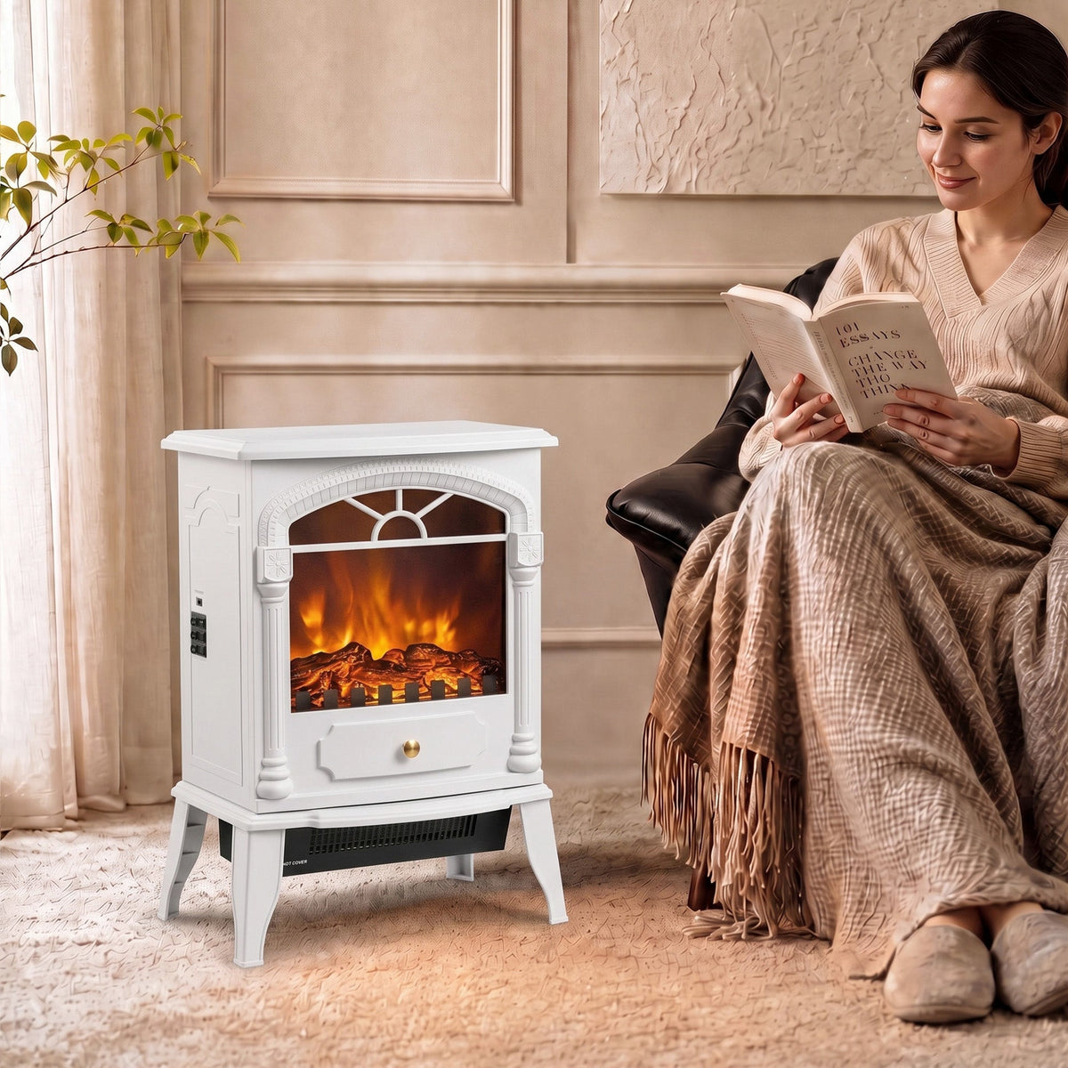 Electric Fireplace Stove Heater with 3D Flame Effect, 2000W/1000W, Freestanding Portable Fireplace with Adjustable Thermostat, 2 Heat Settings for Living Room, White