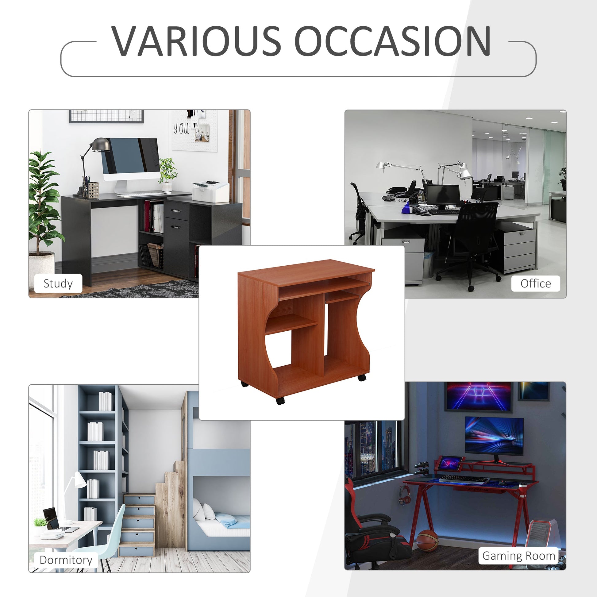 HOMCOM Computer Desk with Sliding Keyboard Tray, Mobile Home Office Desk, Study Table with Storage Shelves, PC Desk on Wheels, Cherry Wood Colour
