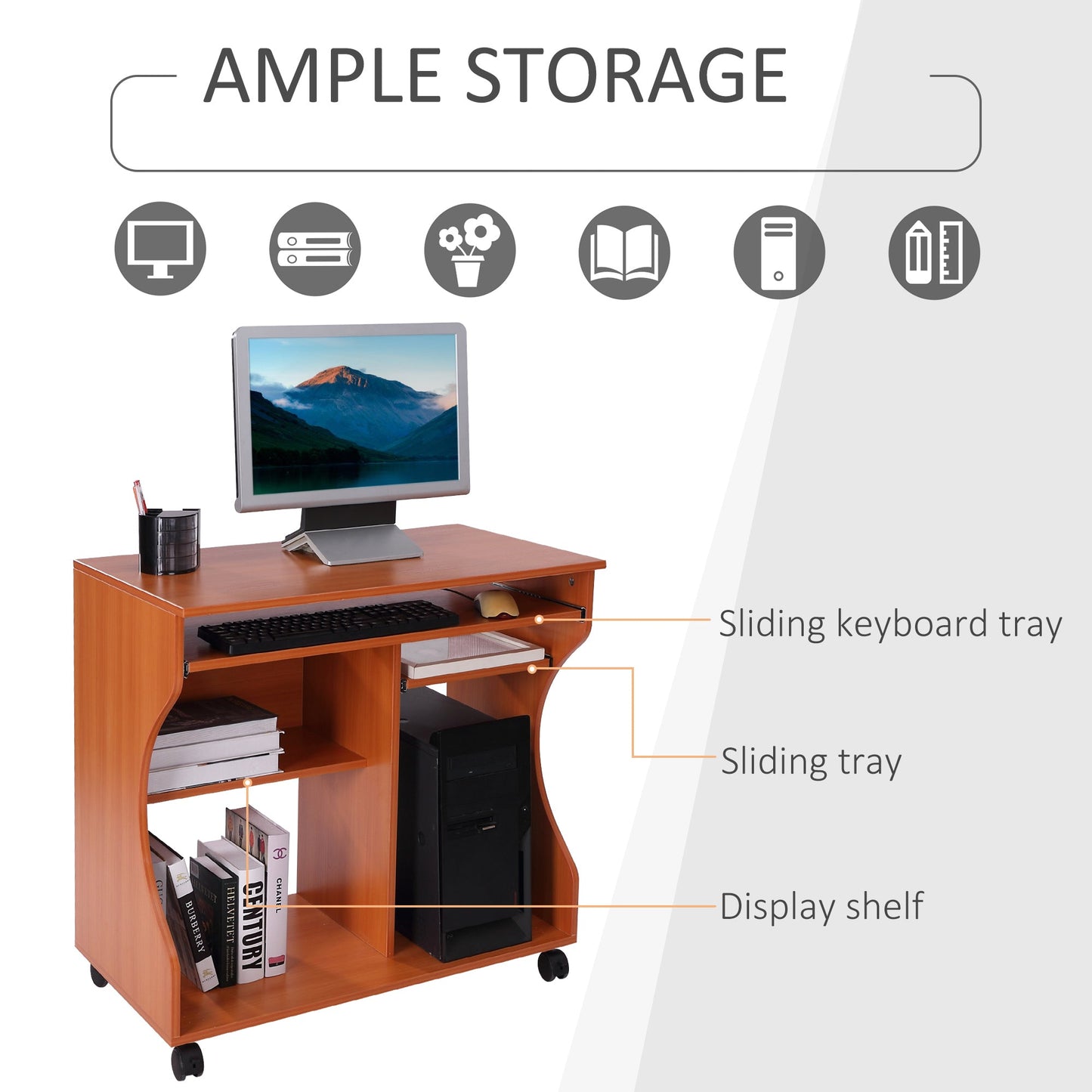 HOMCOM Computer Desk with Sliding Keyboard Tray, Mobile Home Office Desk, Study Table with Storage Shelves, PC Desk on Wheels, Cherry Wood Colour