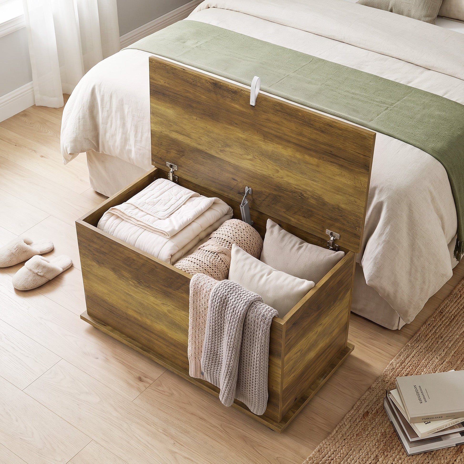 Storage Chest, Large 102L Blanket Box, Shoe Bench with Safety Hinged Lid, Storage Trunk, Bed End Bench for Bedroom, Hallway, Living room, Playroom, 80 x 40 x 45cm, Brown