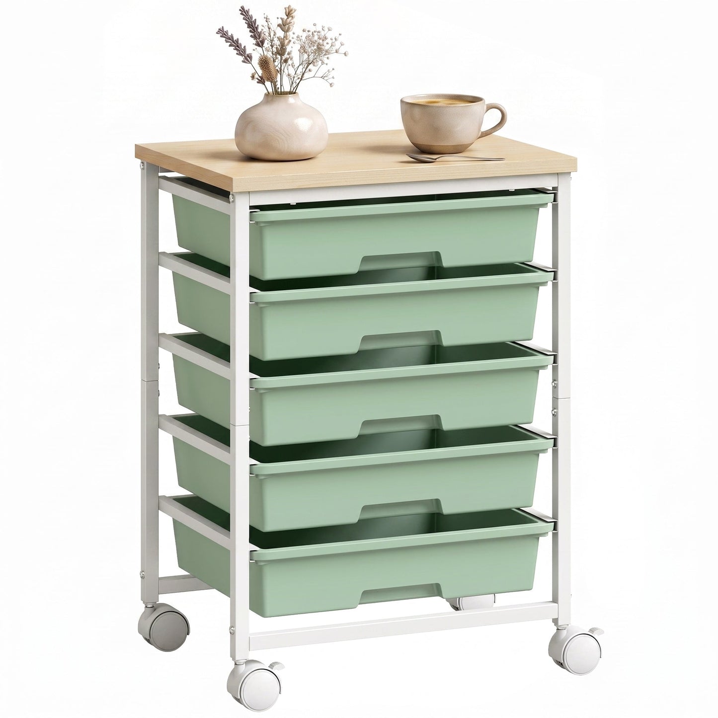 6-Tier Storage Trolley on Wheels, Metal Kitchen Rolling Cart with 5 Pull-Out Drawers, Kitchen Storage Rack for Living Room, Dining Room, Bedroom, Bathroom, Green