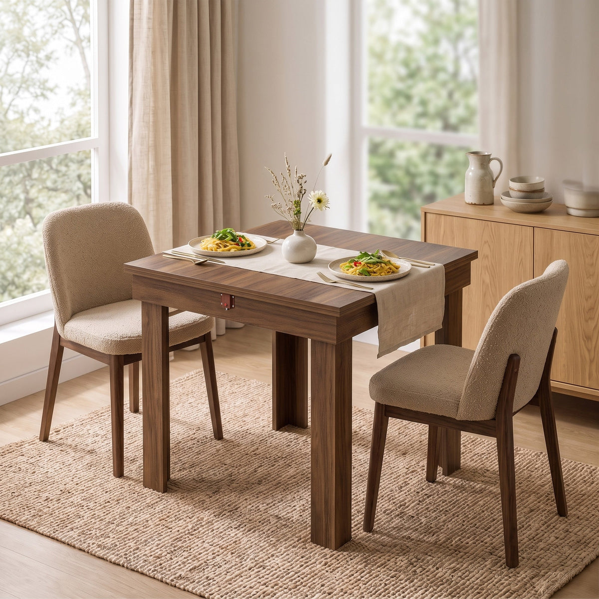 Folding Dining Table for 4 with Under-Table Storage, 70-140 cm Modern Extendable Kitchen Table with Steel Rail, Space-Saving for Kitchen, Dining Room, Grey Wood Effect