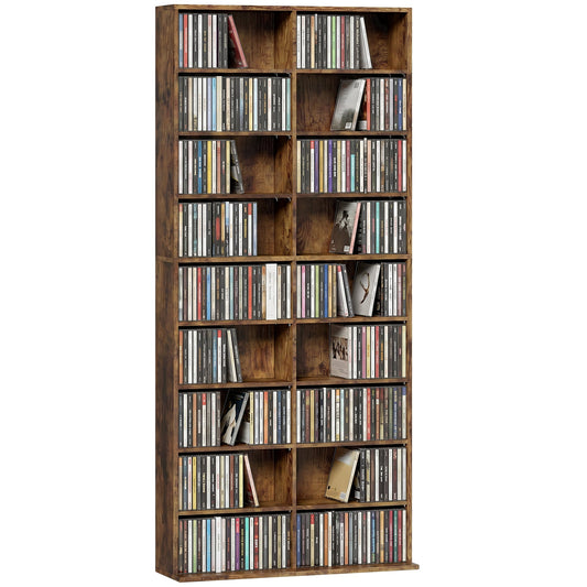 640 CD/360 DVD Storage Unit, Blu-ray Media Storage Shelf with 18 Compartments and 14 Adjustable Shelves, CD Tower for Living Room, Bedroom, Office, Rustic Brown